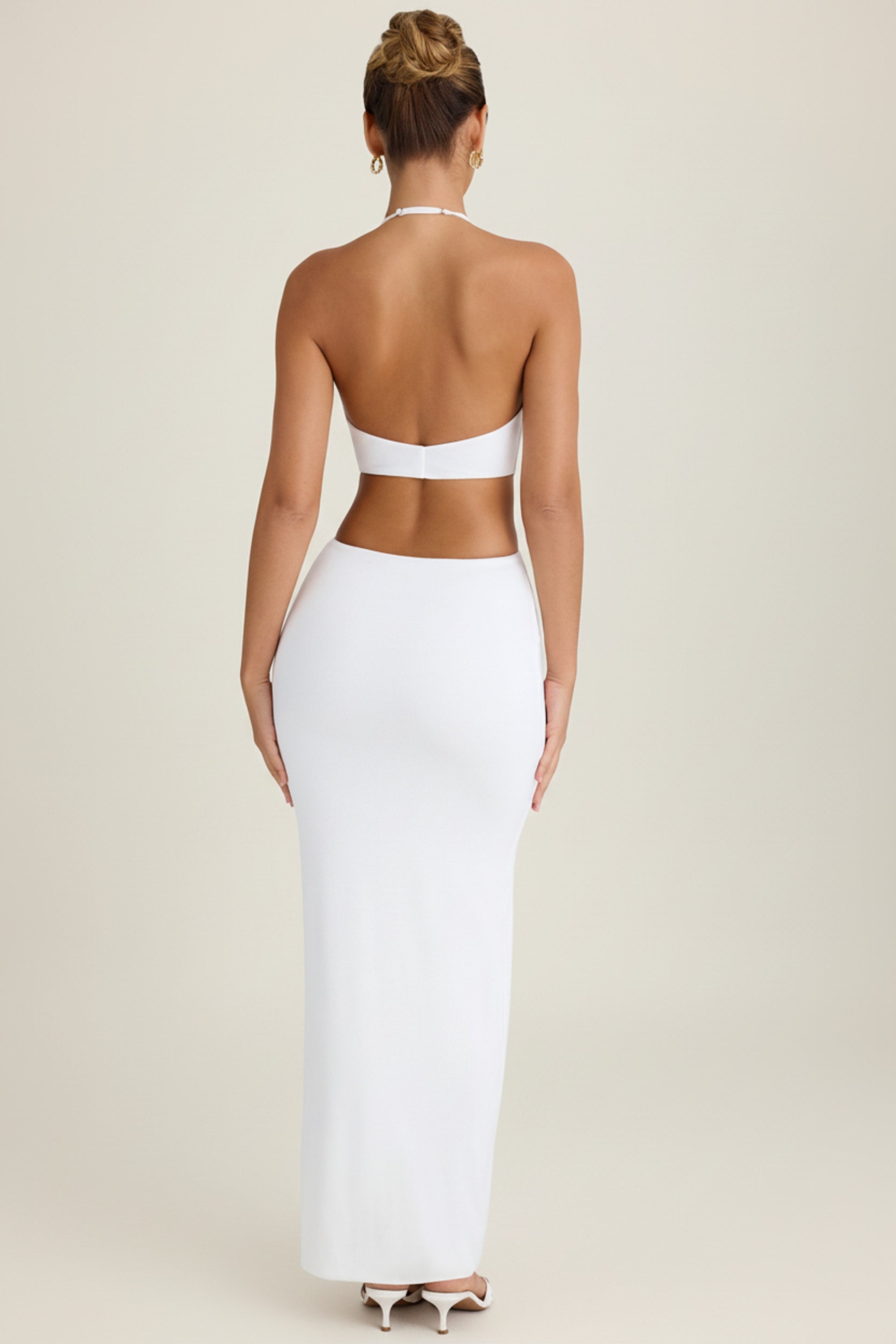 cut-out ruched halterneck maxi dress in white CALANTHA Cut-Out Halterneck Maxi Dress in White