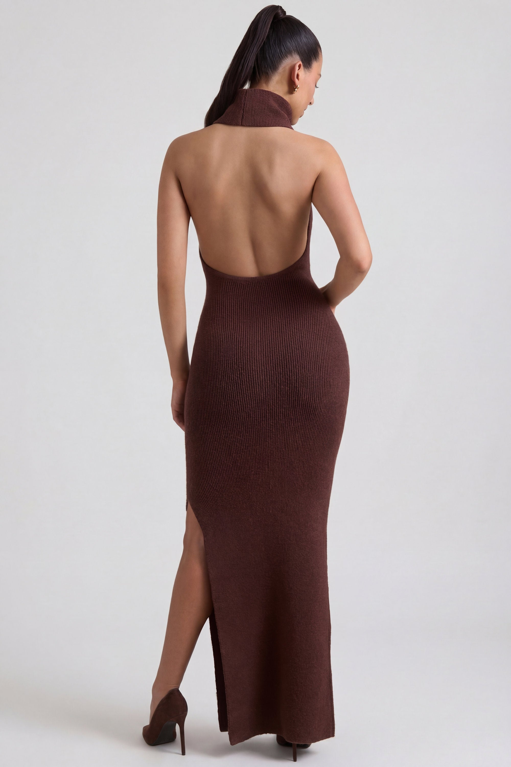 Calissa Ribbed-Knit Turtleneck Backless Maxi Dress in Espresso | Oh Polly Calissa Ribbed-Knit Turtleneck Backless Maxi Dress in Espresso | Oh Polly