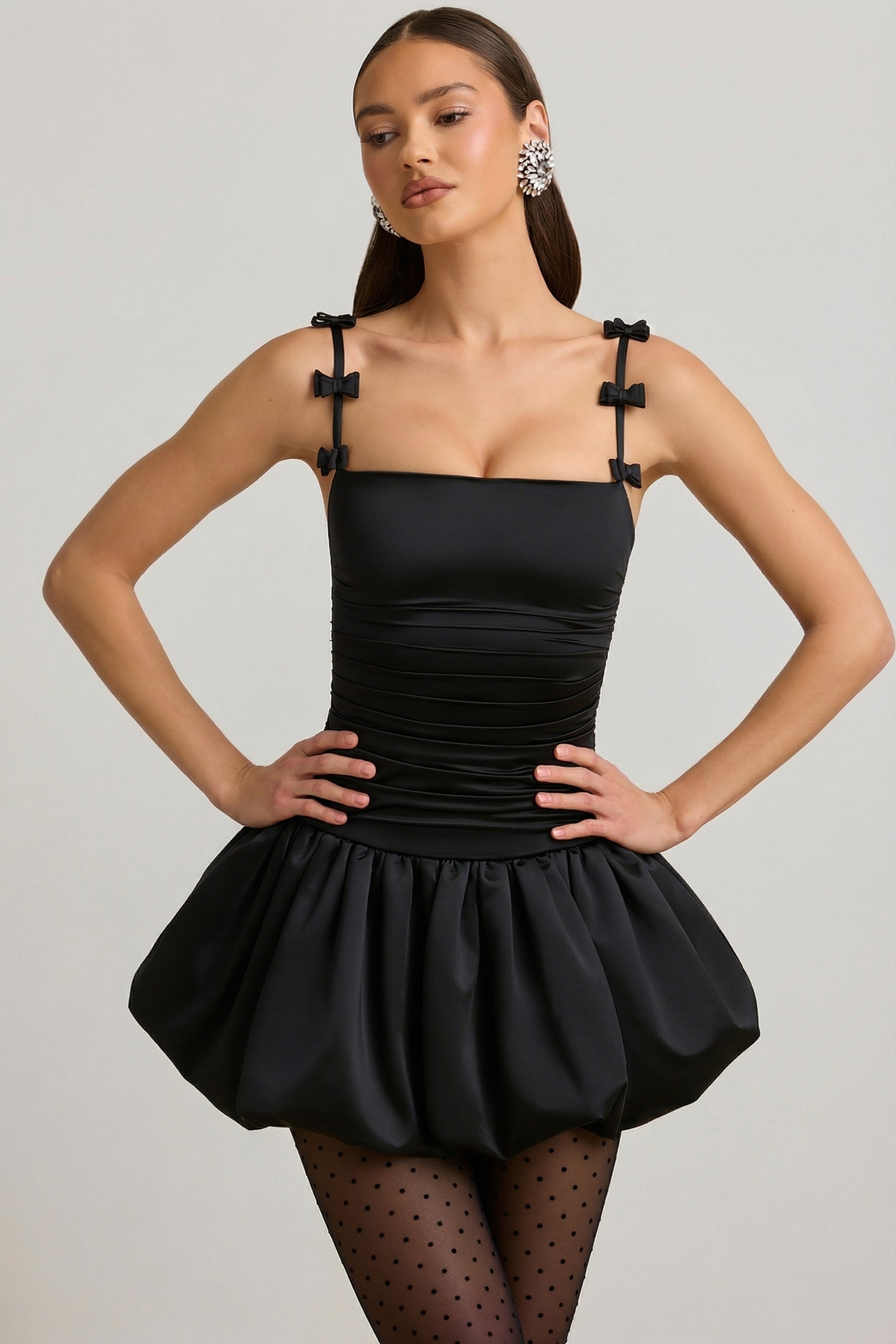 Cirilla Bow-Detail Ruched Bubble Hem Mini Dress in Black