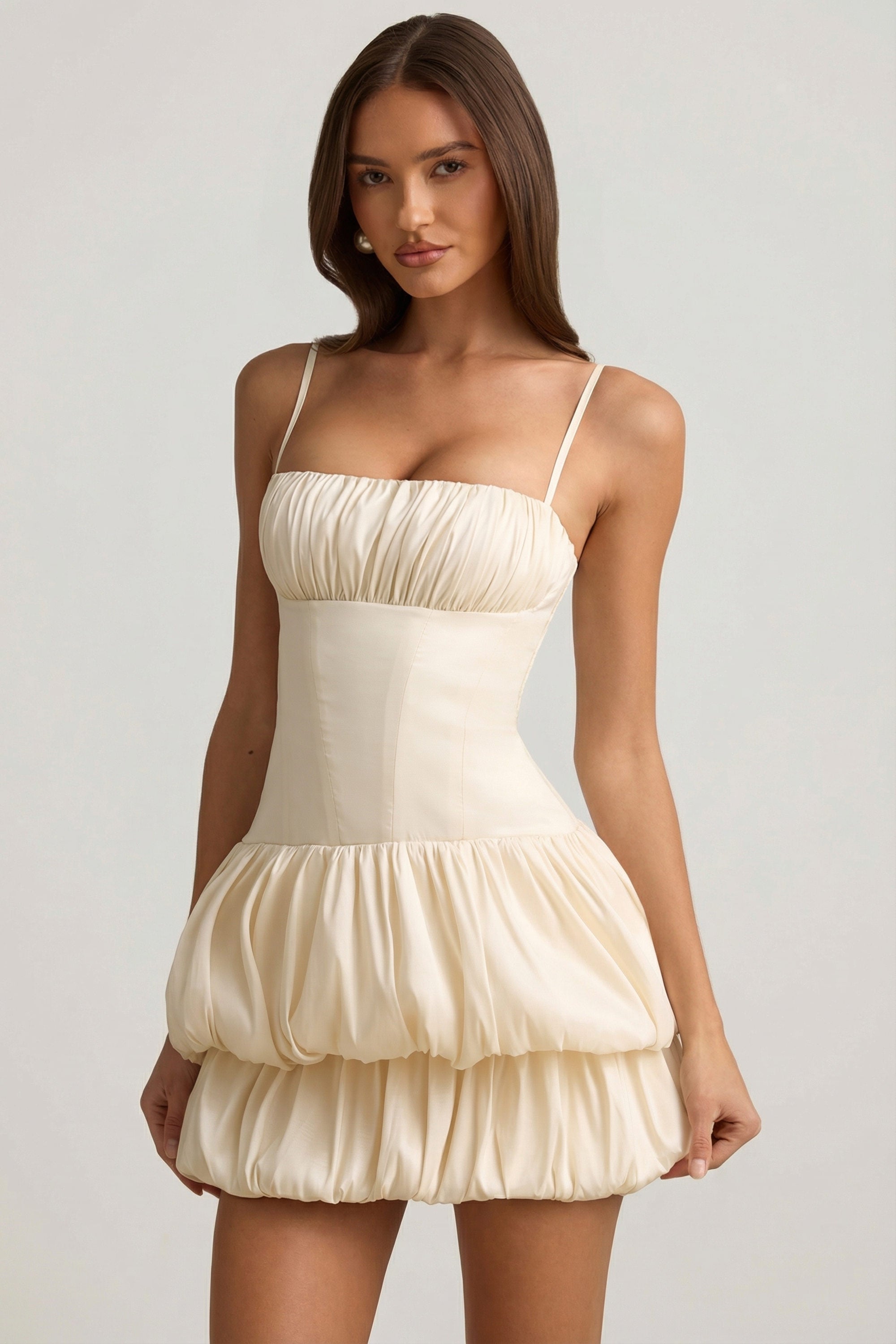 Clarice Layered Bubble Hem Corset Mini Dress in Ivory
