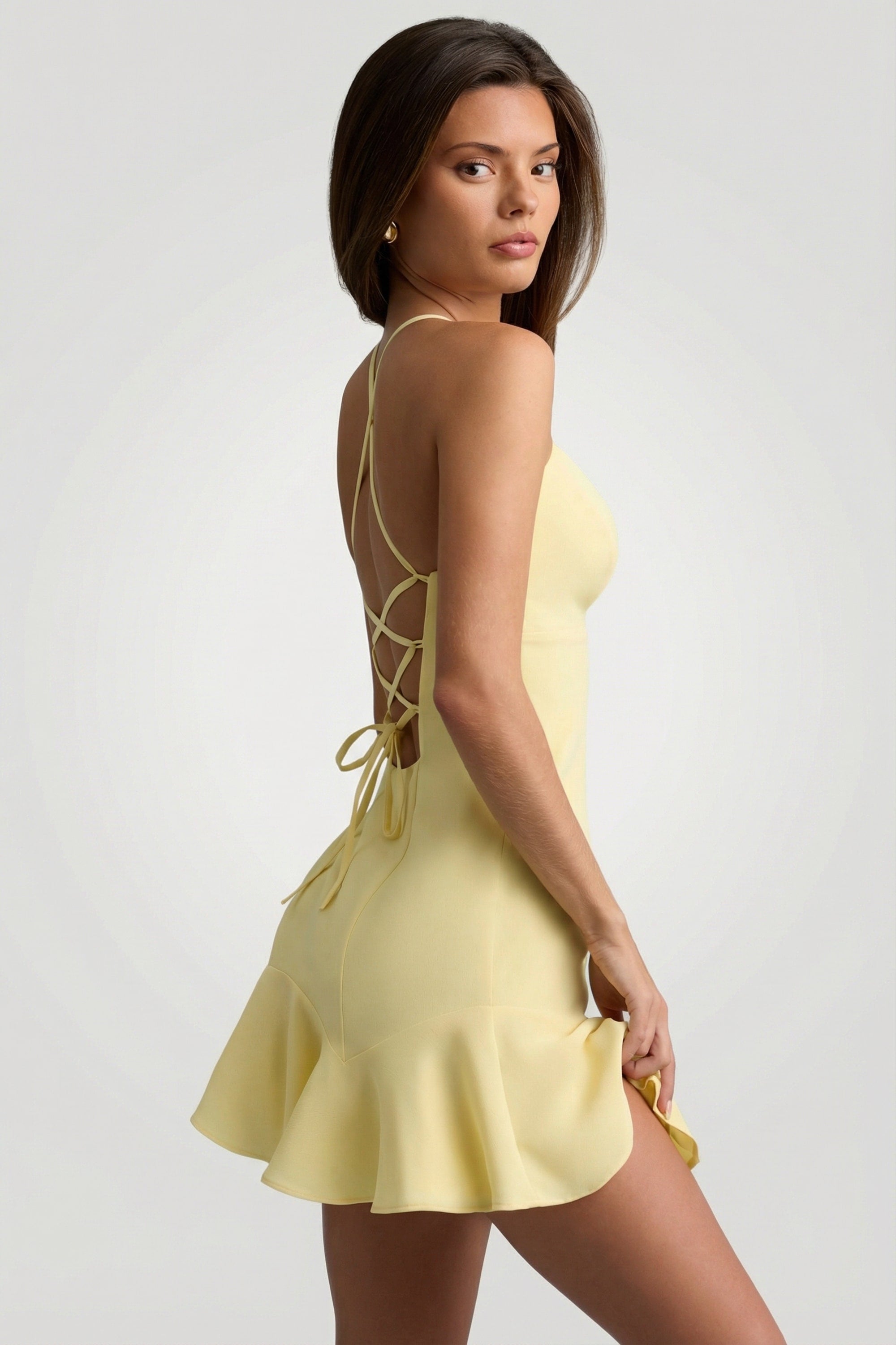 Daria Drop-Waist Lace-Up Mini Dress in Yellow