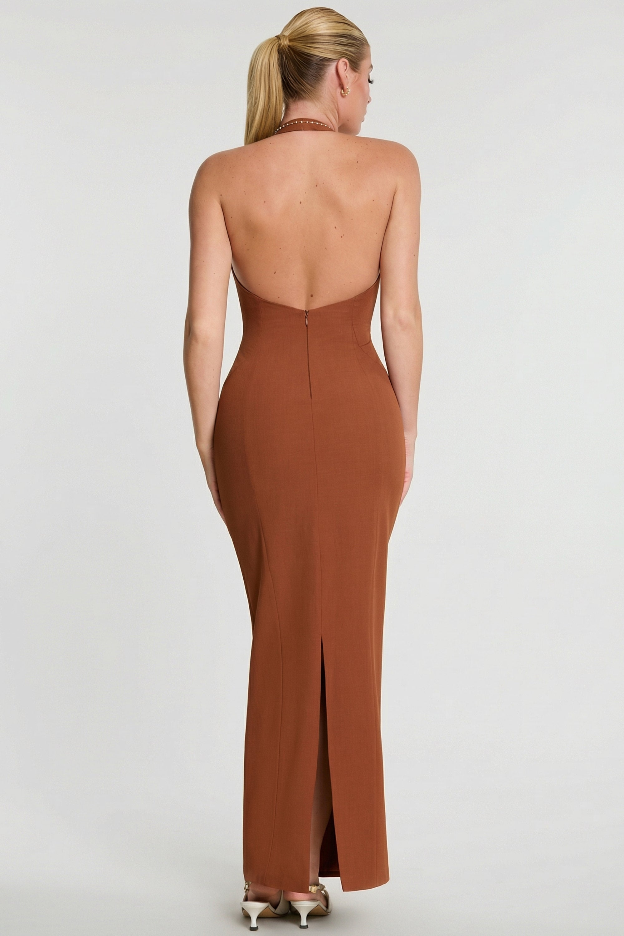 Woven Twill Halter Neck Plunge Maxi Dress in Chestnut Brown Woven Twill Halter Neck Plunge Maxi Dress in Chestnut Brown