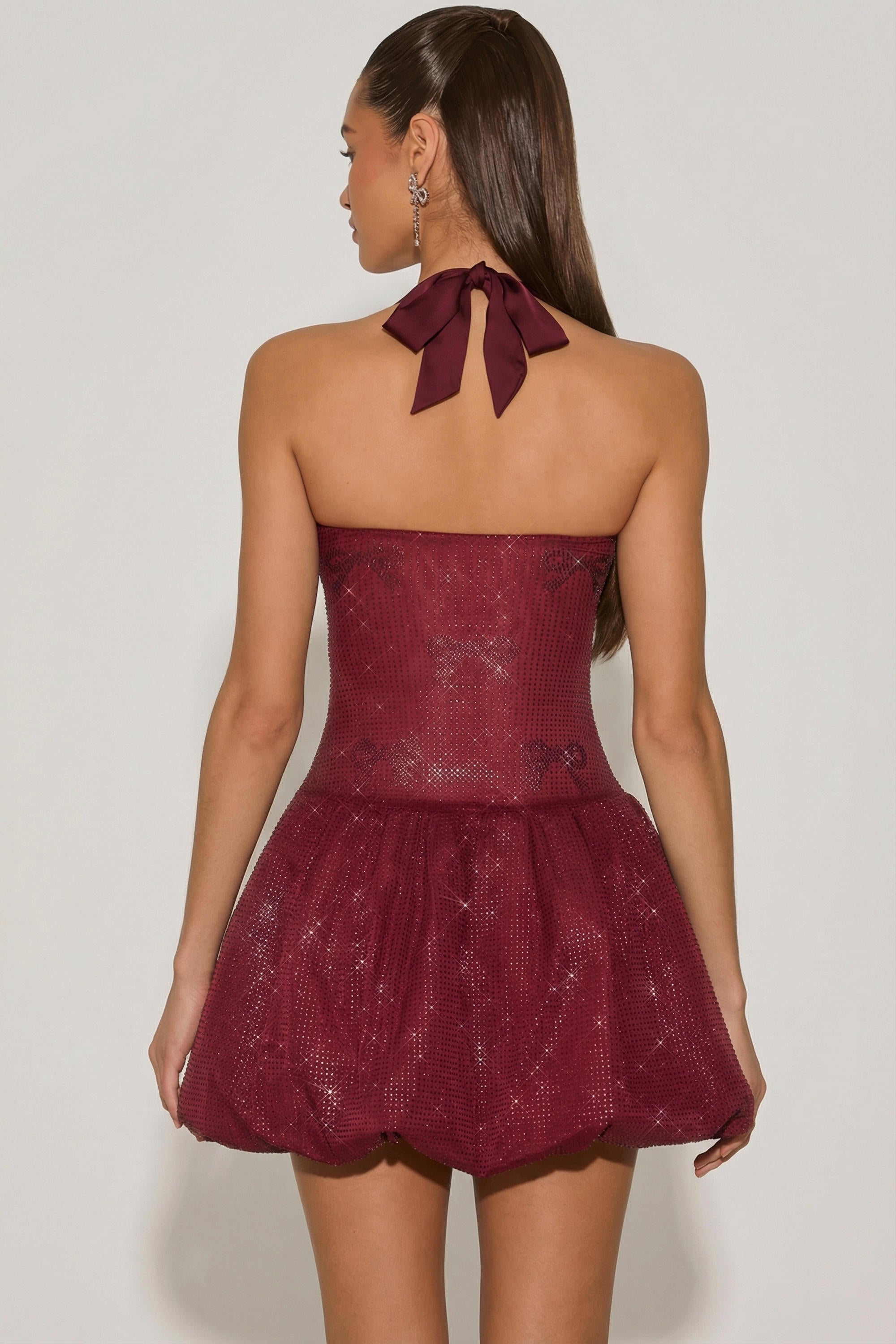 strapless open back dress Felicity Embellished Halterneck Bubble Hem Mini Dress in Wine Red