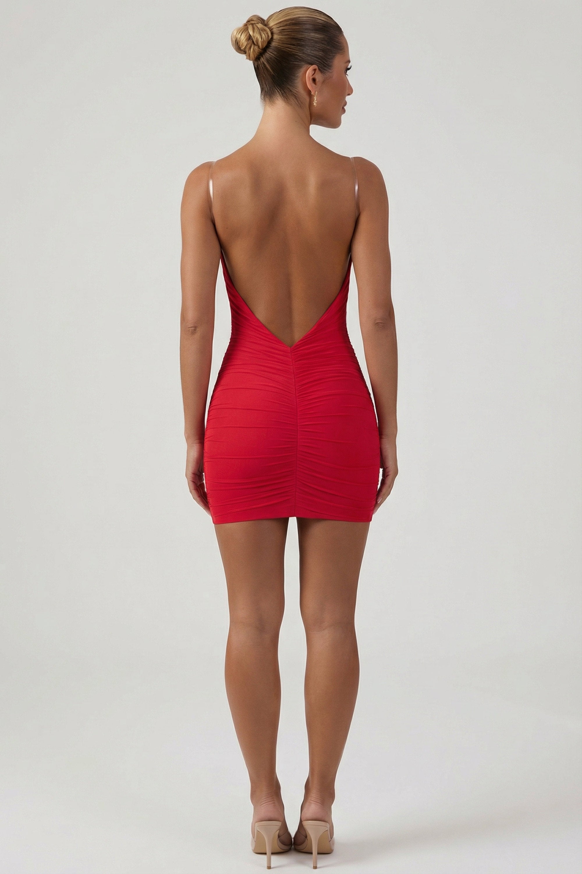red bodycon backless dress Ruched Backless Bodycon Mini Dress in Red - XL
