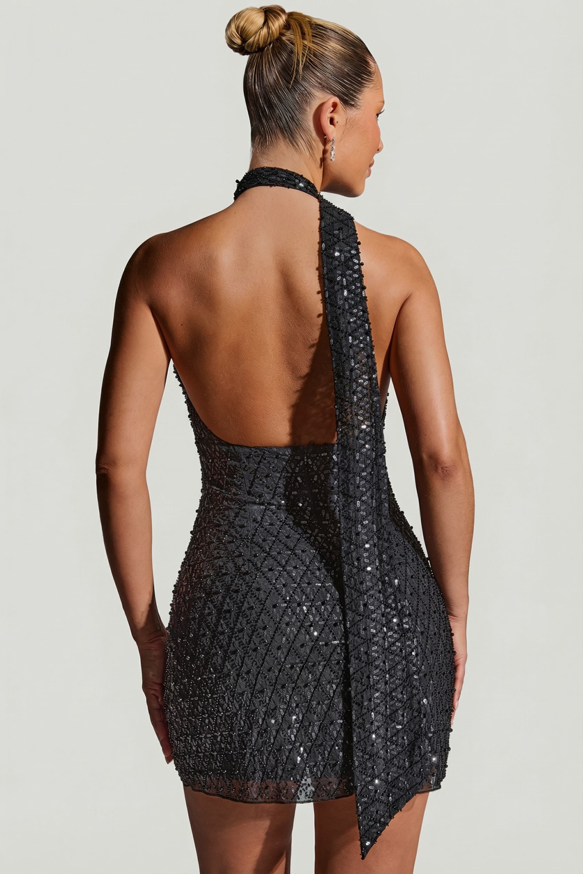 Henrietta Embellished Scarf-Detail Halterneck Mini Dress in Black