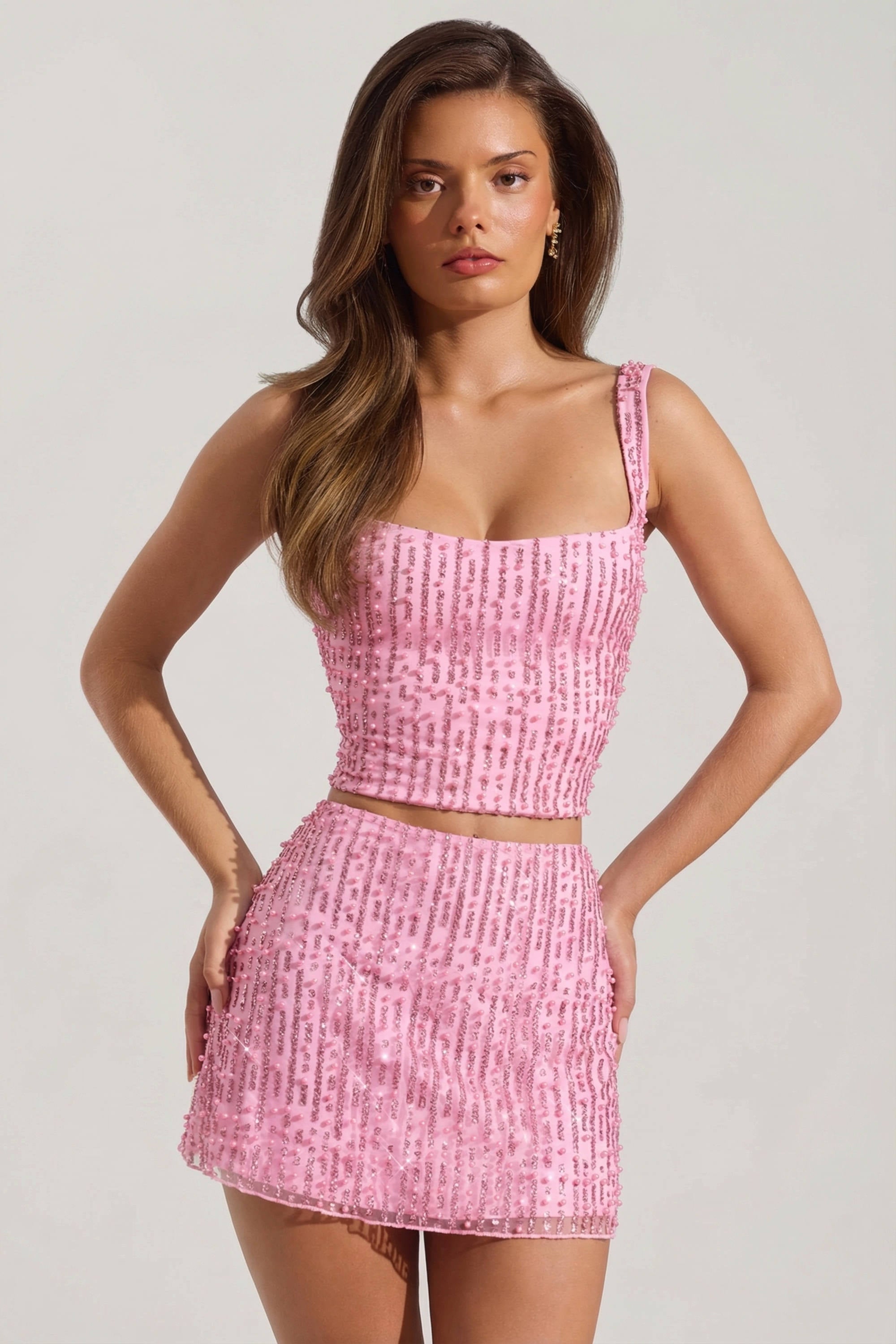 Hina Embellished Low-Rise Mini Skirt in Pink
