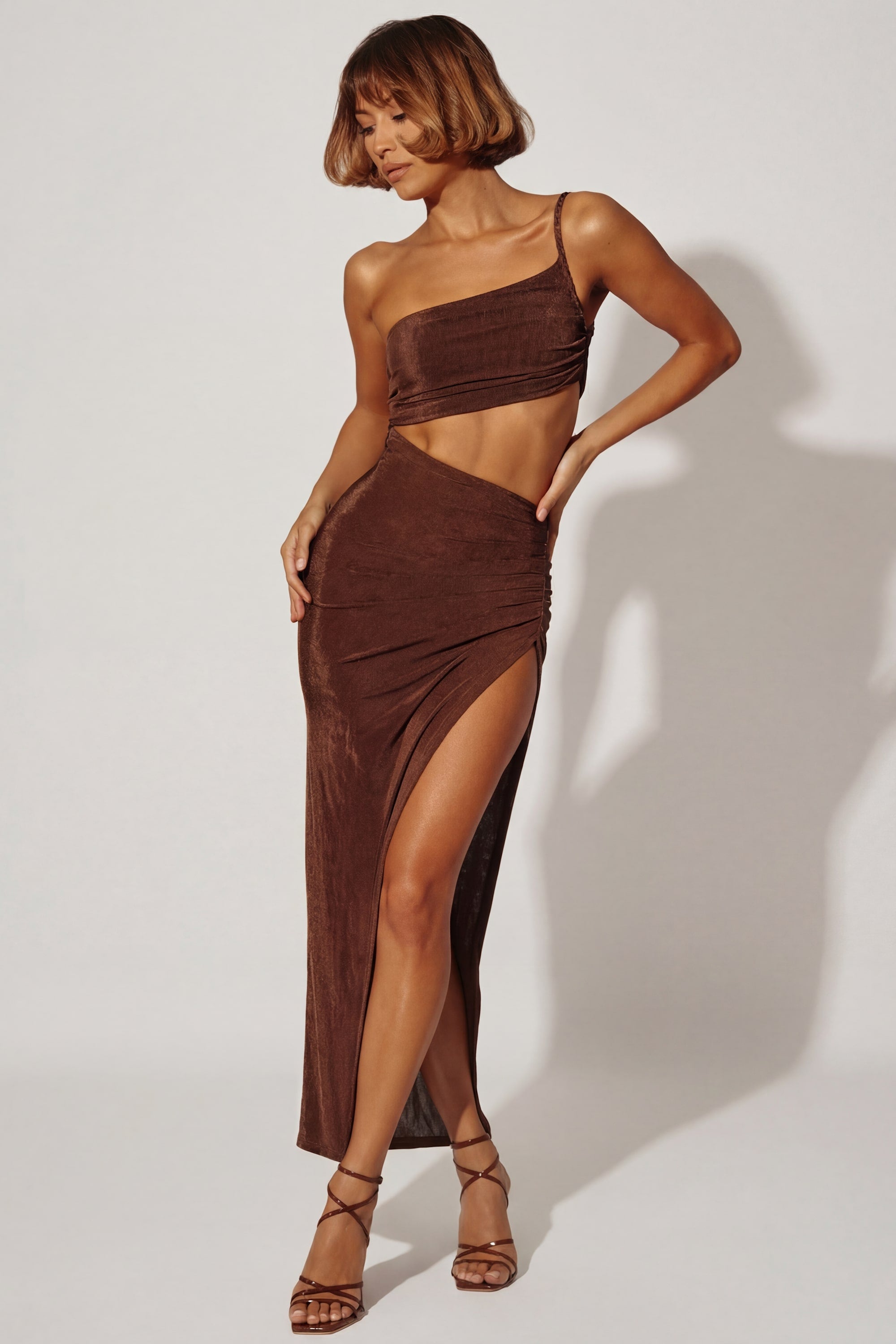 One Shoulder Cut Out Maxi Dress in Brown One Shoulder Cut Out Maxi Dress in Brown