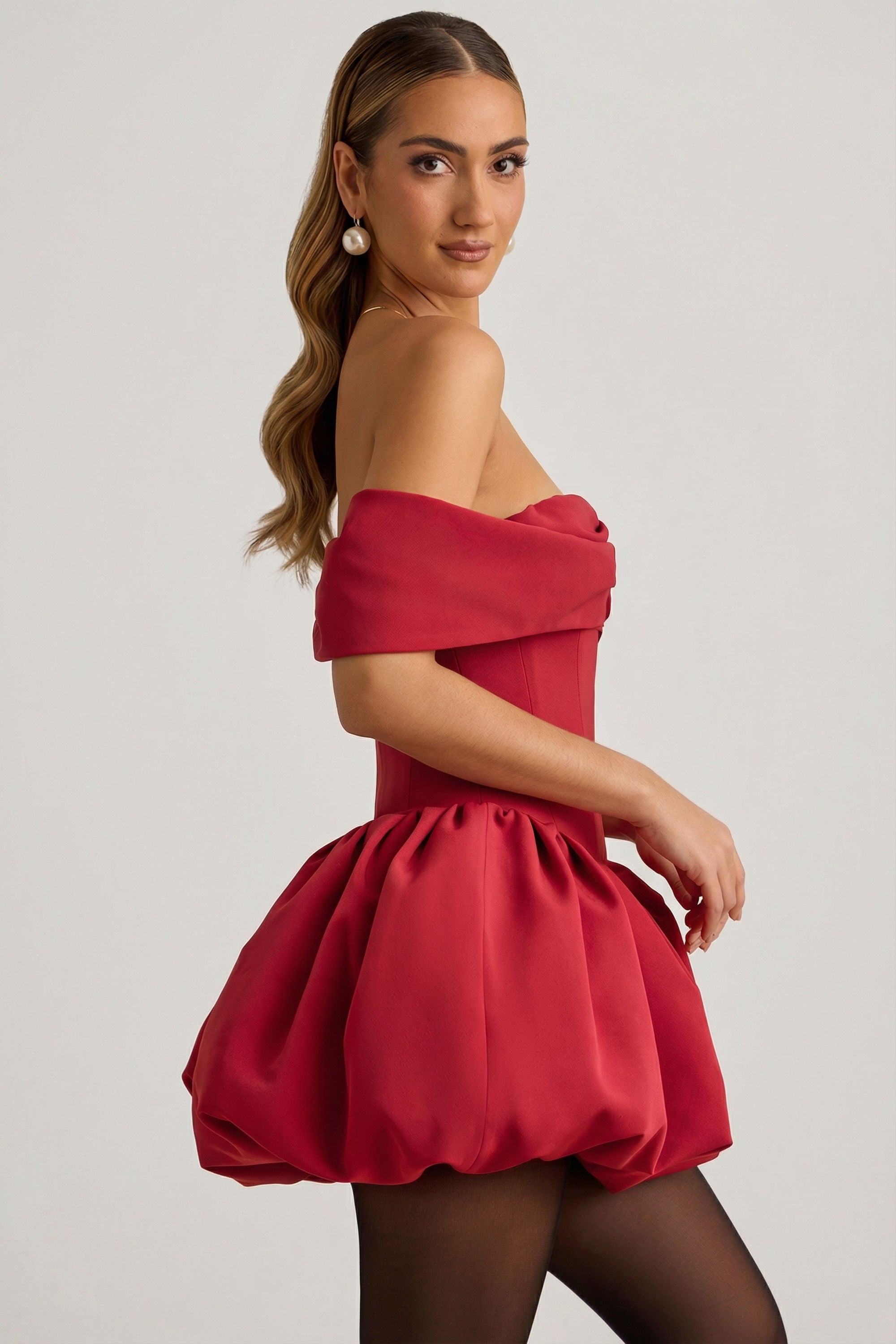 oh polly red dress Off-Shoulder Layered Bubble Hem Corset Mini Dress in True Red