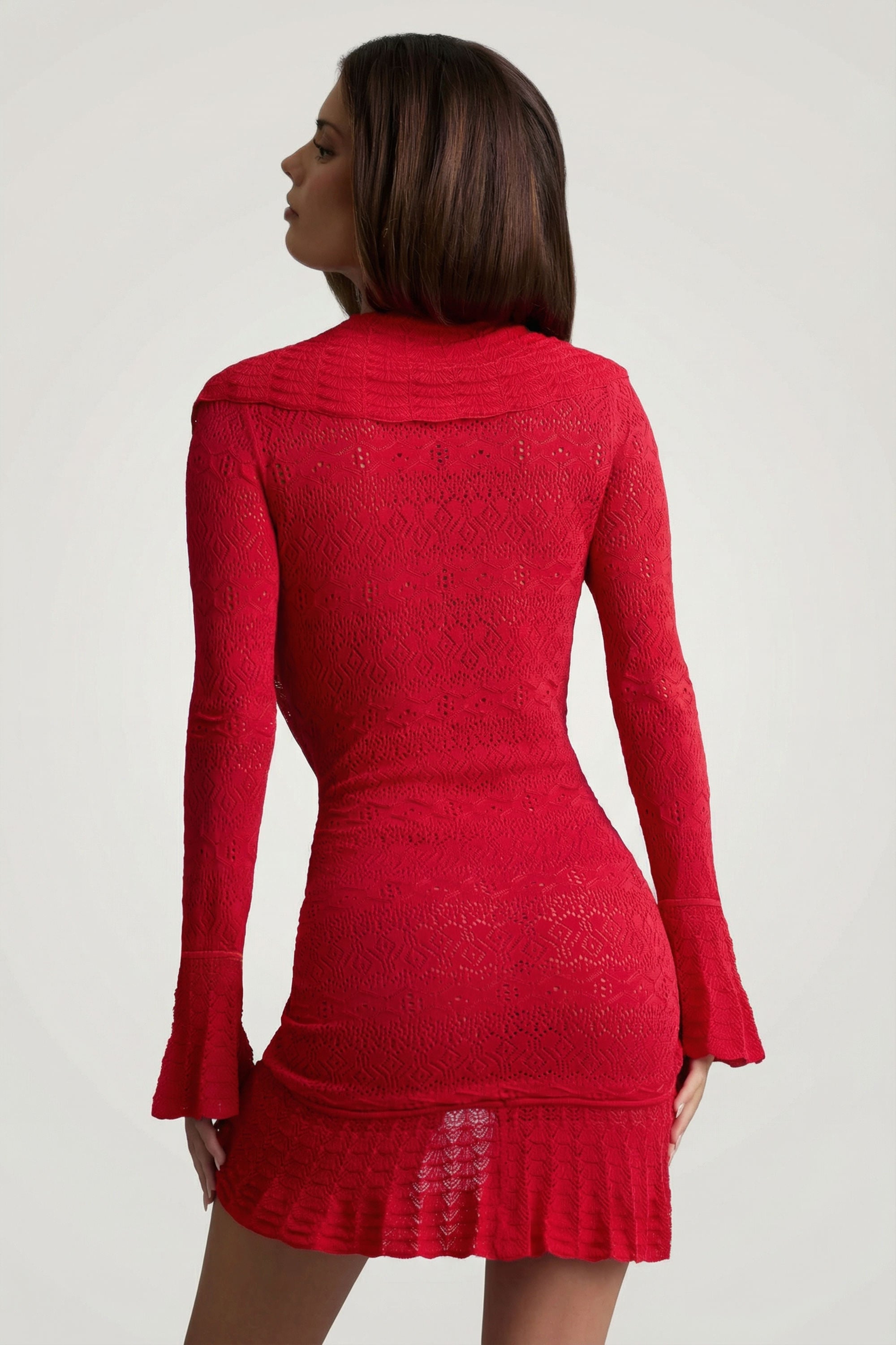 oh polly knitted dress Ruffle-Trim Pointelle-Knit Mini Dress in Scarlet Red