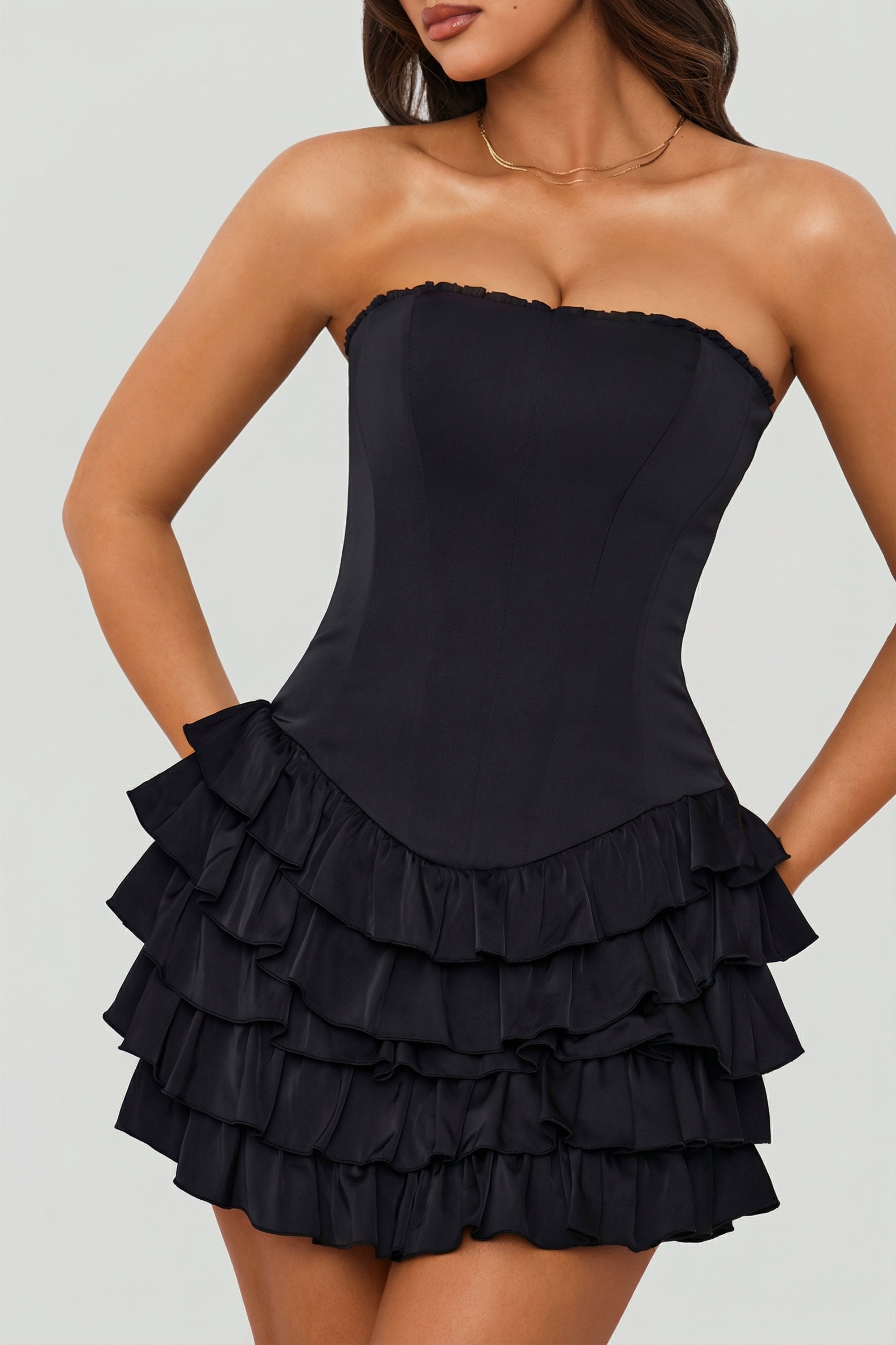 Juliet Bandeau Ruffled Tiered Corset Mini Dress in Black | Oh Polly