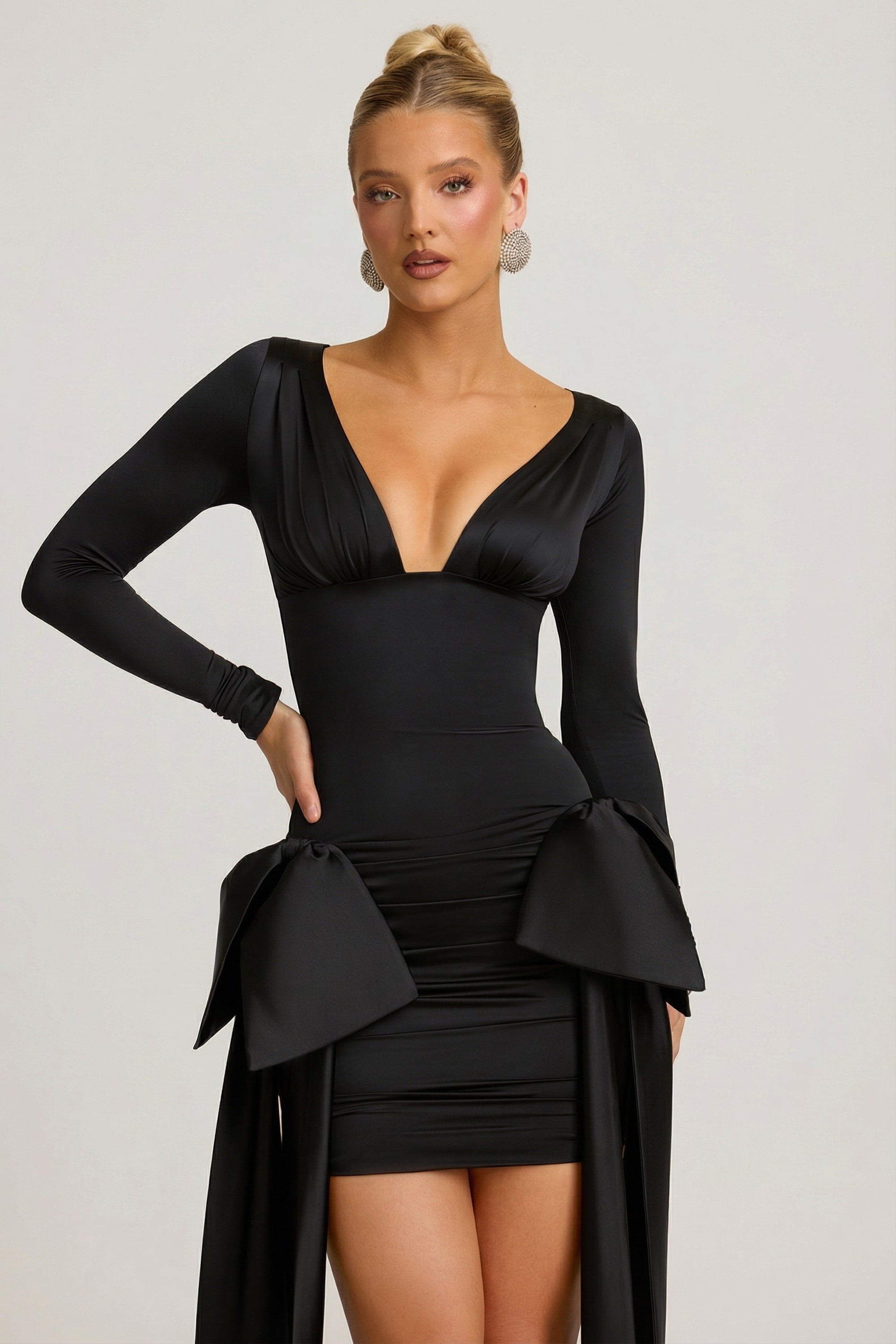 Karelyn Bow-Detail Ruched Mini Dress in Black