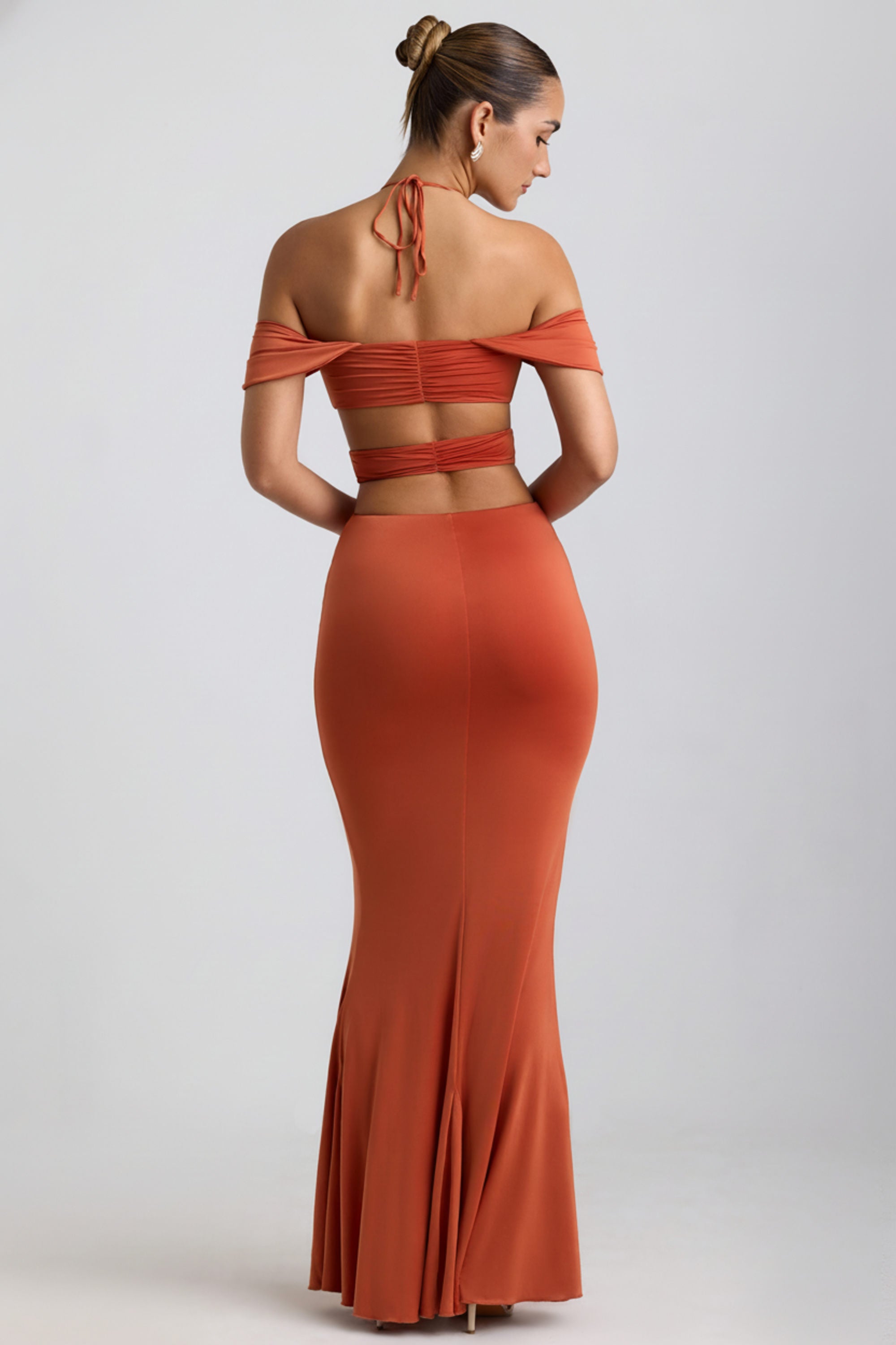 strapless open back dress Karleen Slinky Jersey Cut-Out Halterneck Gown in Burnt Orange