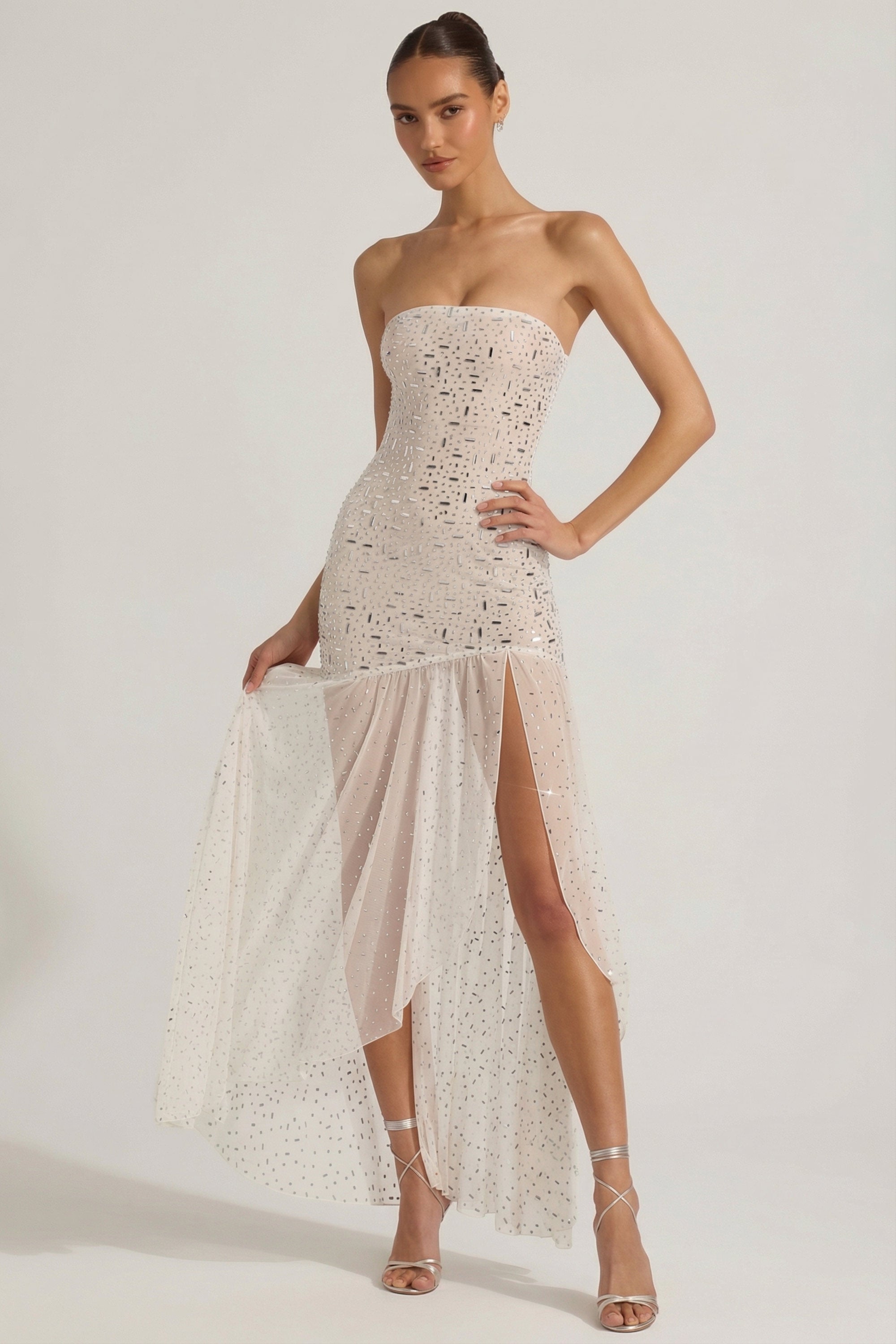Kerra Semi-Sheer Embellished Asymmetric Maxi Dress in White