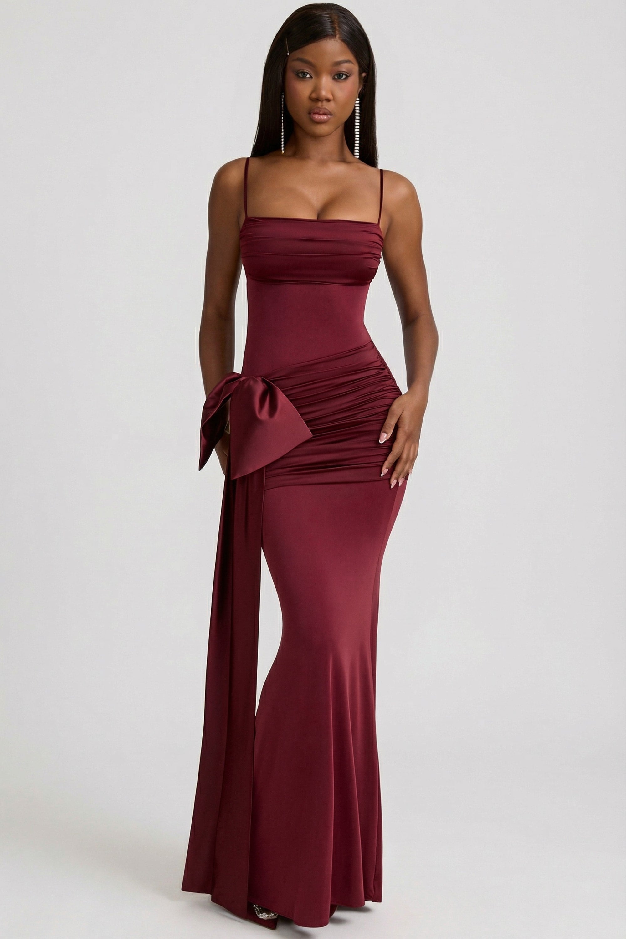 Laurelina Bow-Detail Ruched Maxi Dress in Wine Red | Oh Polly