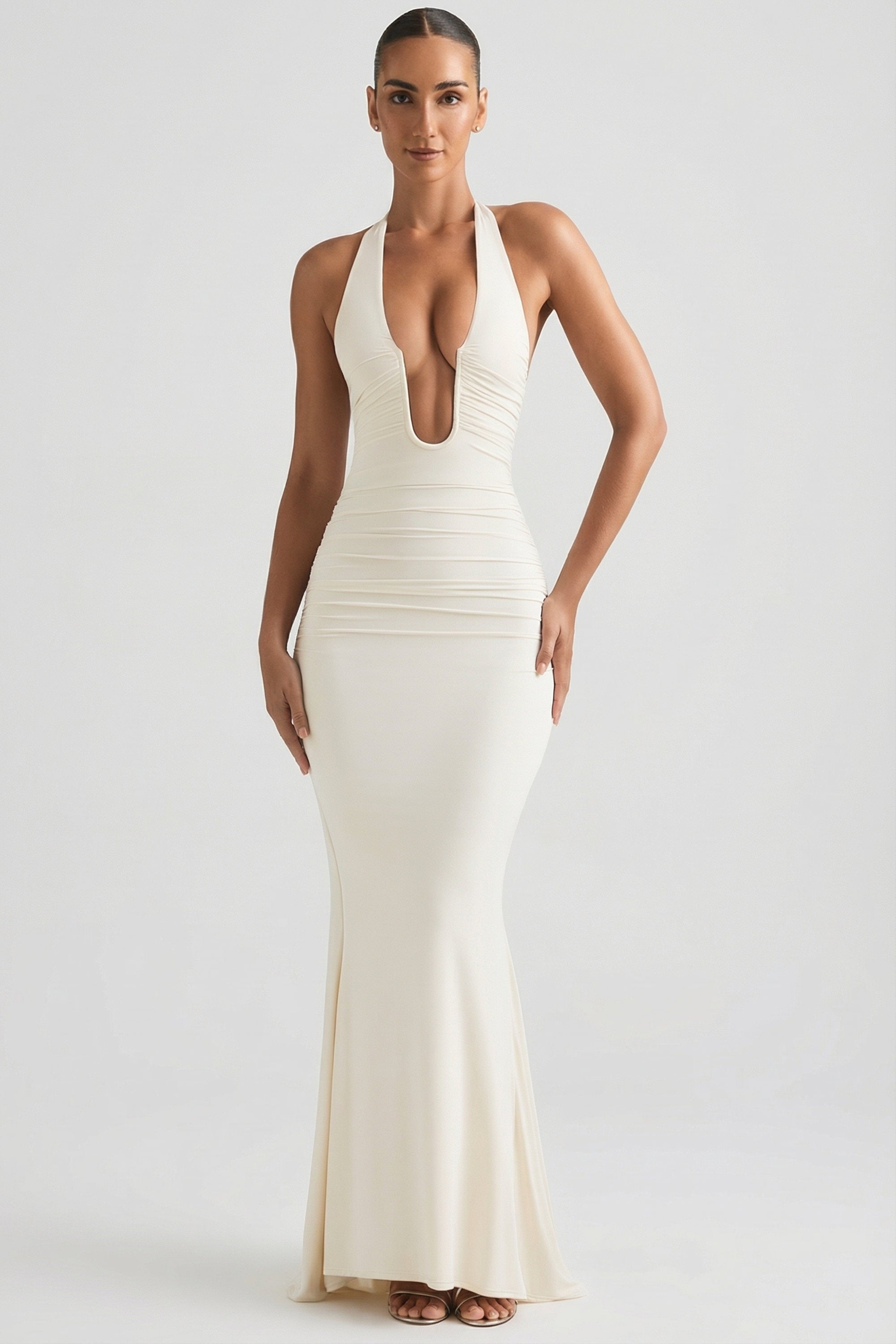 Laverna Ruched Backless Halterneck Gown in Ivory | Oh Polly