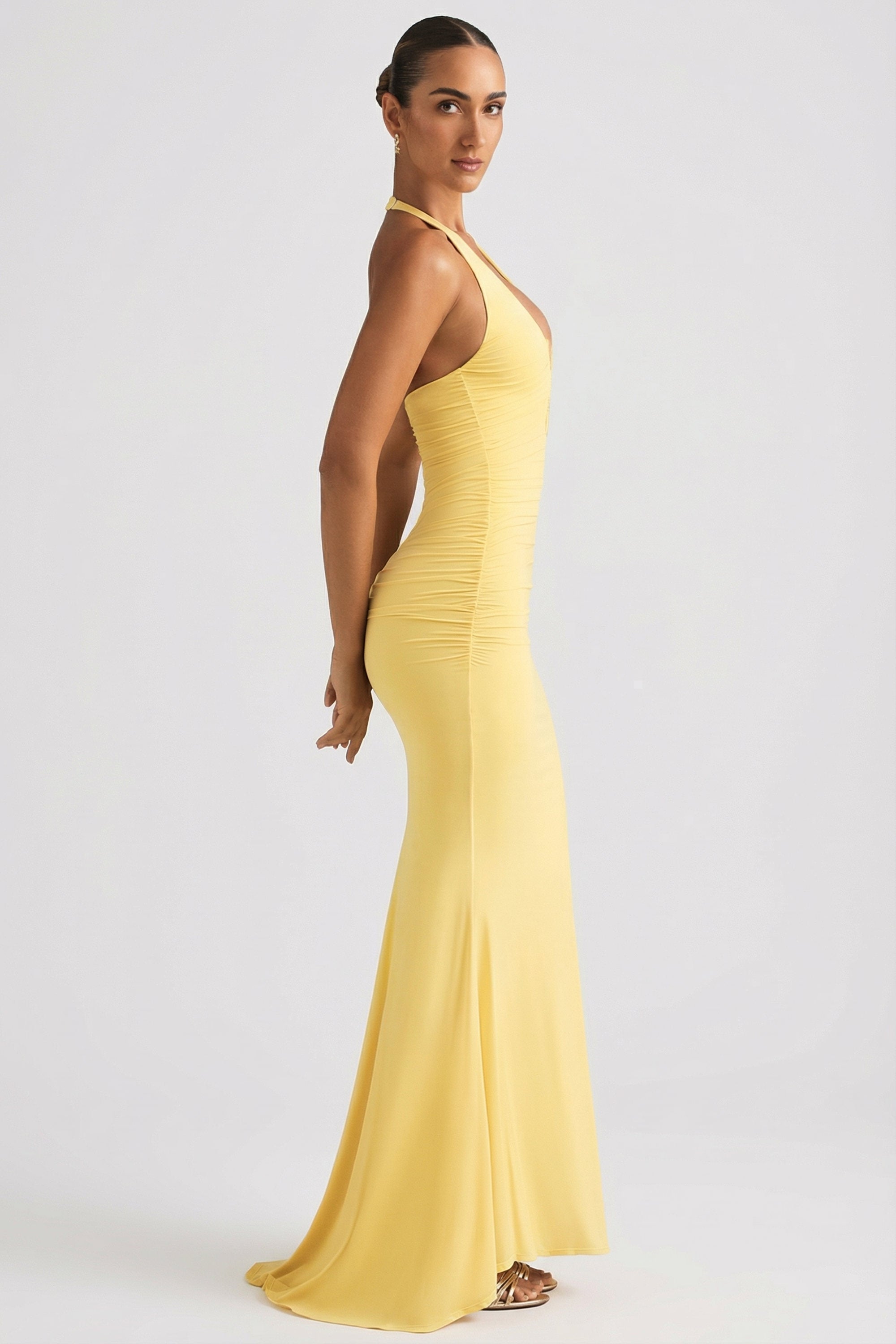 Laverna Ruched Backless Halterneck Gown in Pastel Yellow