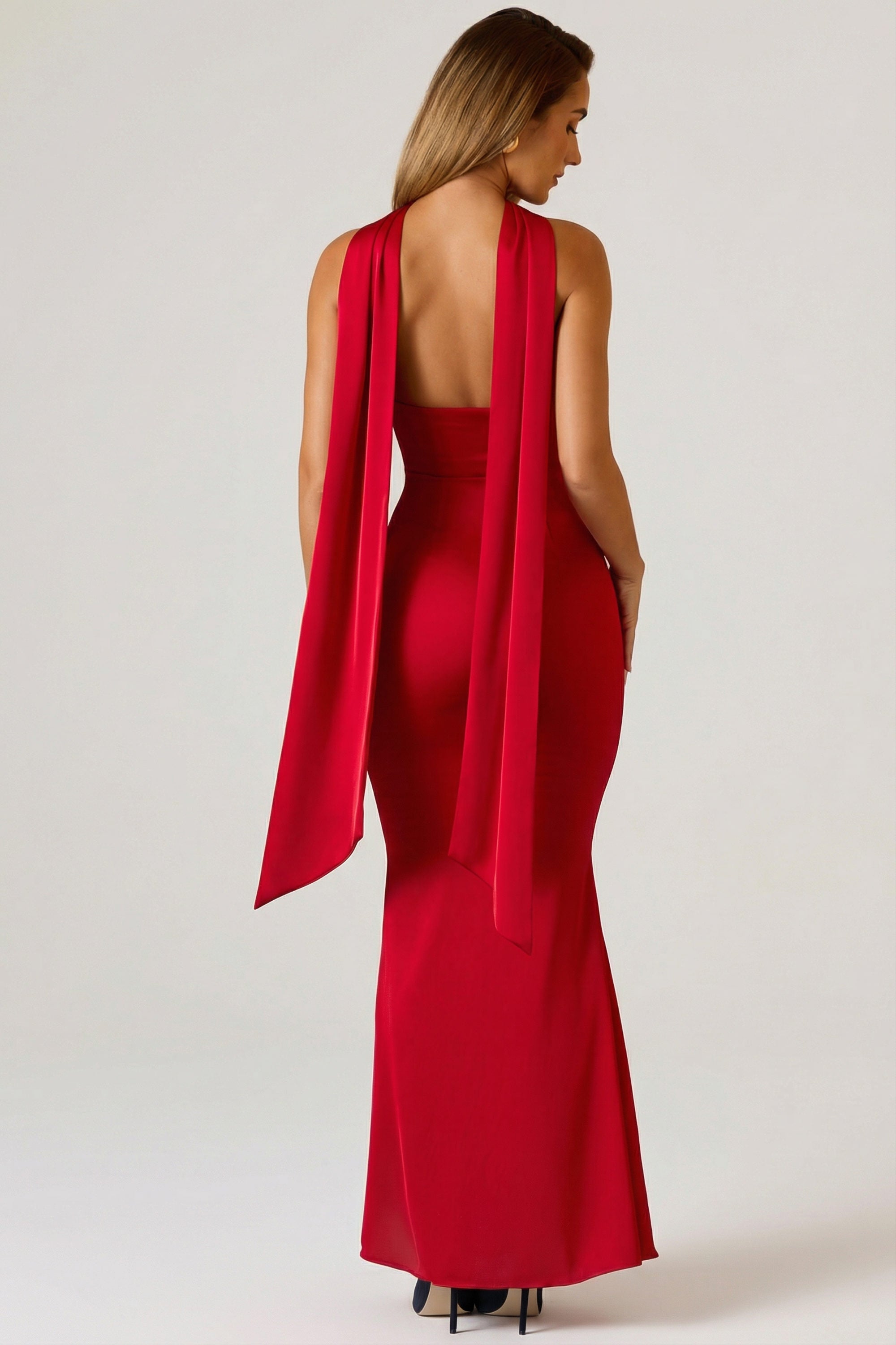 Mandi Scarf-Detail Strapless Gown in Scarlet Red | Oh Polly