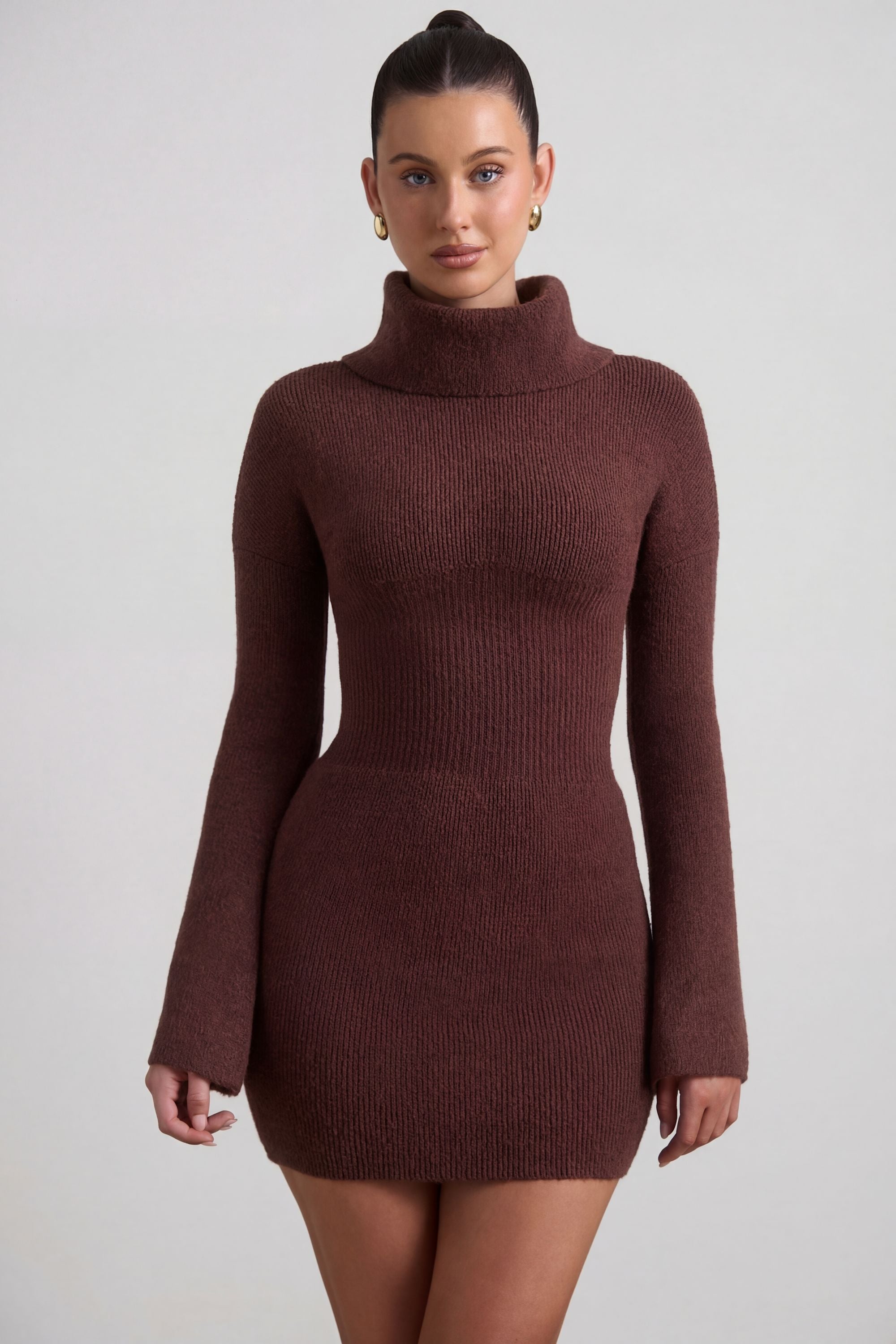 Marta Ribbed-Knit Turtleneck Mini Jumper Dress in Espresso | Oh Polly Marta Ribbed-Knit Turtleneck Mini Jumper Dress in Espresso | Oh Polly
