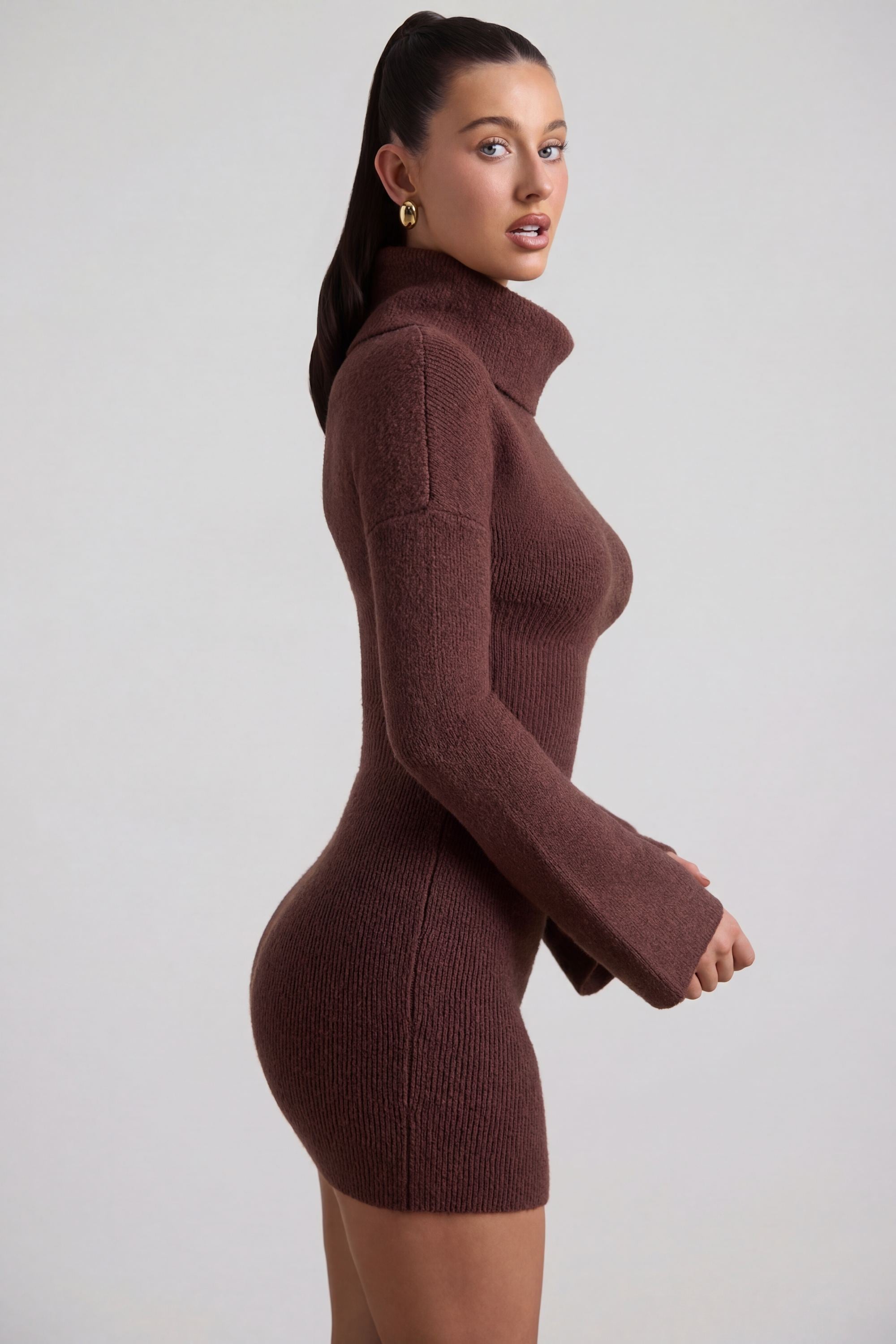 Marta Ribbed-Knit Turtleneck Mini Jumper Dress in Espresso | Oh Polly Marta Ribbed-Knit Turtleneck Mini Jumper Dress in Espresso | Oh Polly