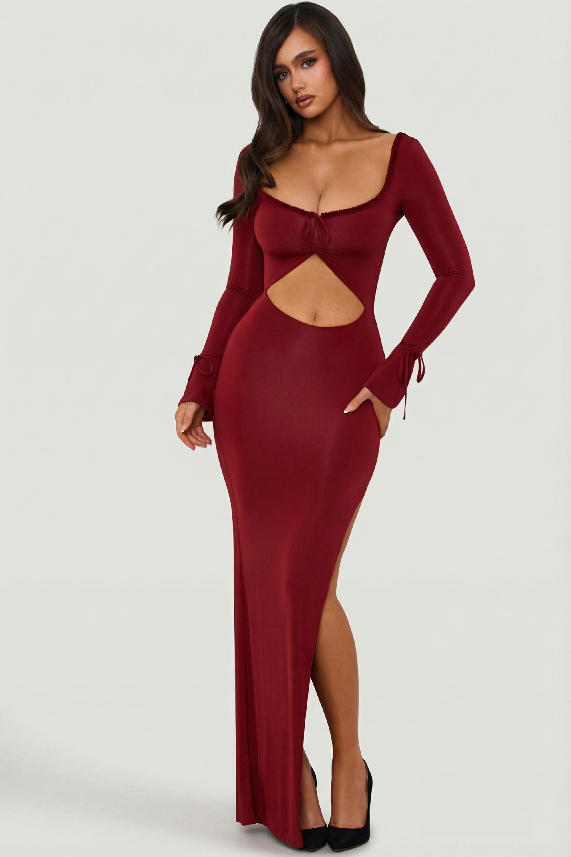 Matilda Ruffle-Trim Cut-Out Maxi Dress in Berry Red | Oh Polly