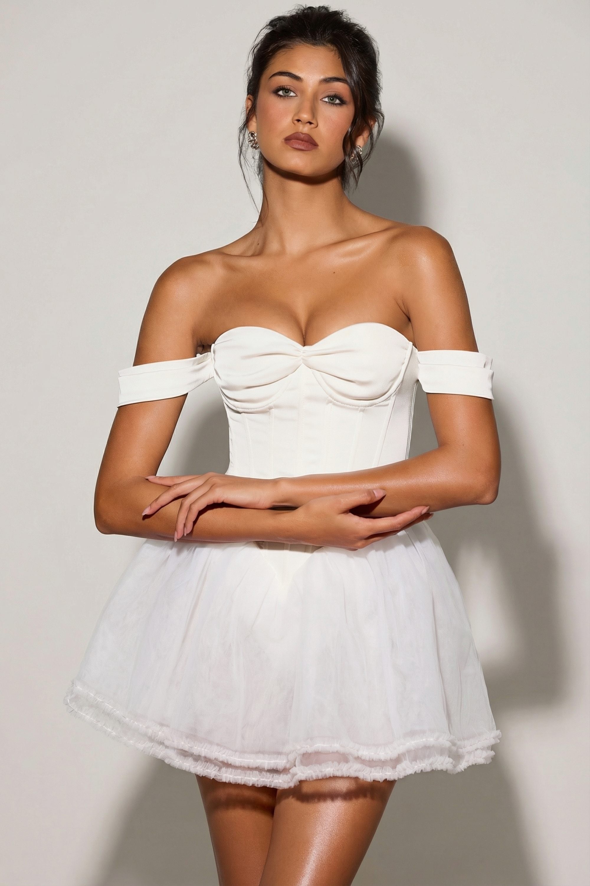 chinese dress ladies White Ruched Bust Lace Trim Layered Mini Dress main image 1