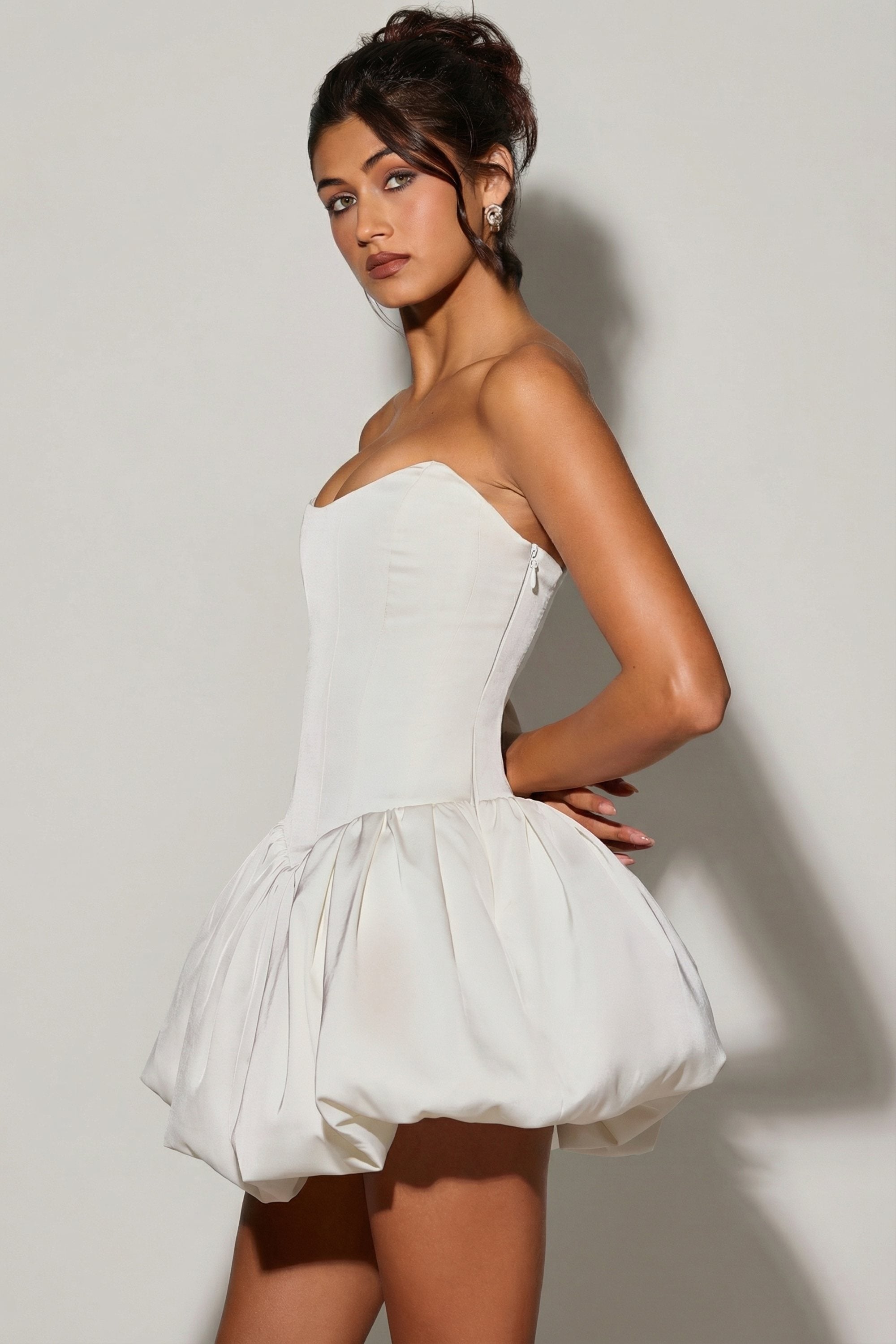 Minerva Lace-Up Bubble Hem Corset Micro Mini Dress in White