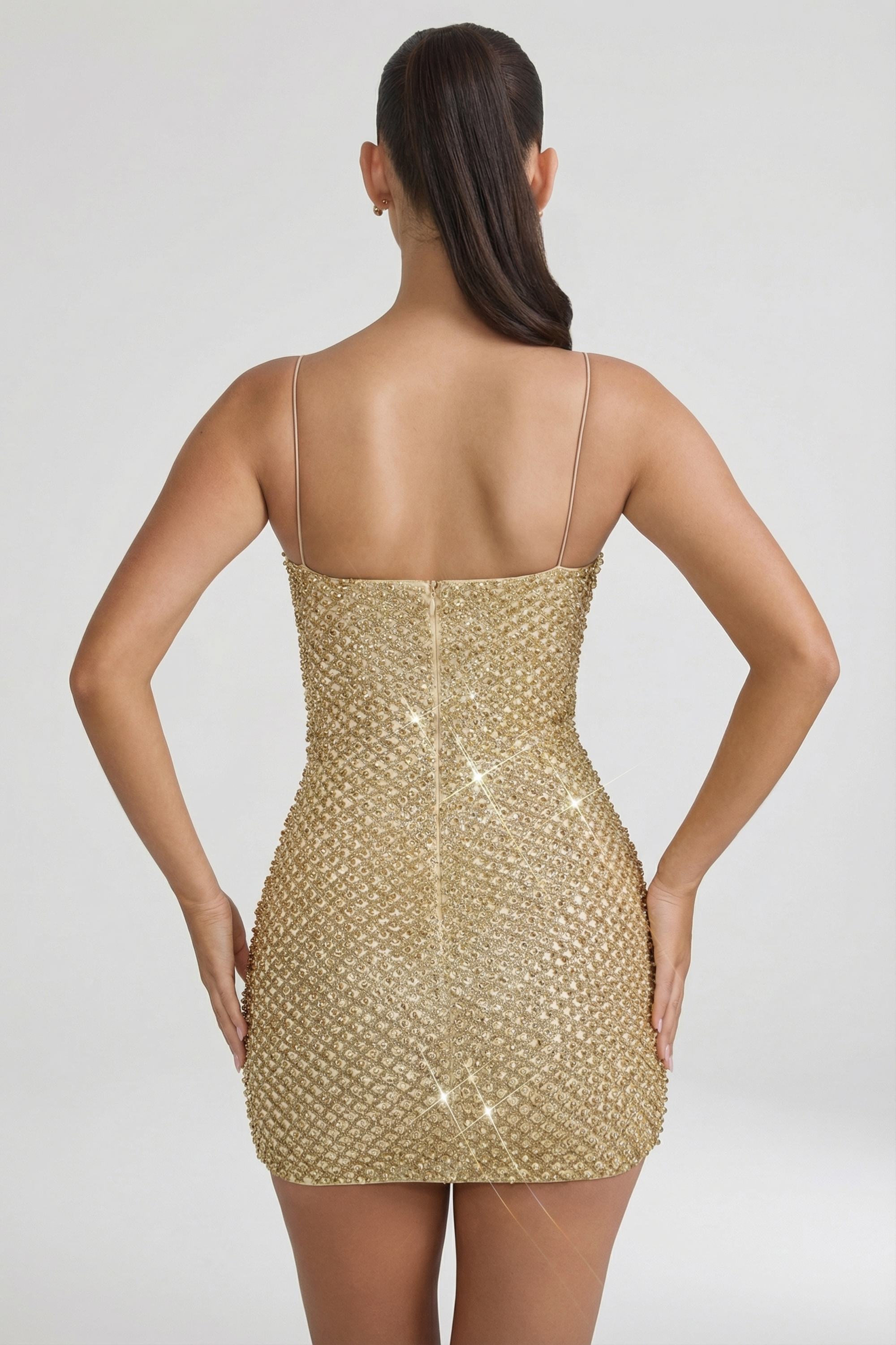oh polly embellished mini dress in gold Embellished Sweetheart-Neck Mini Dress in Gold