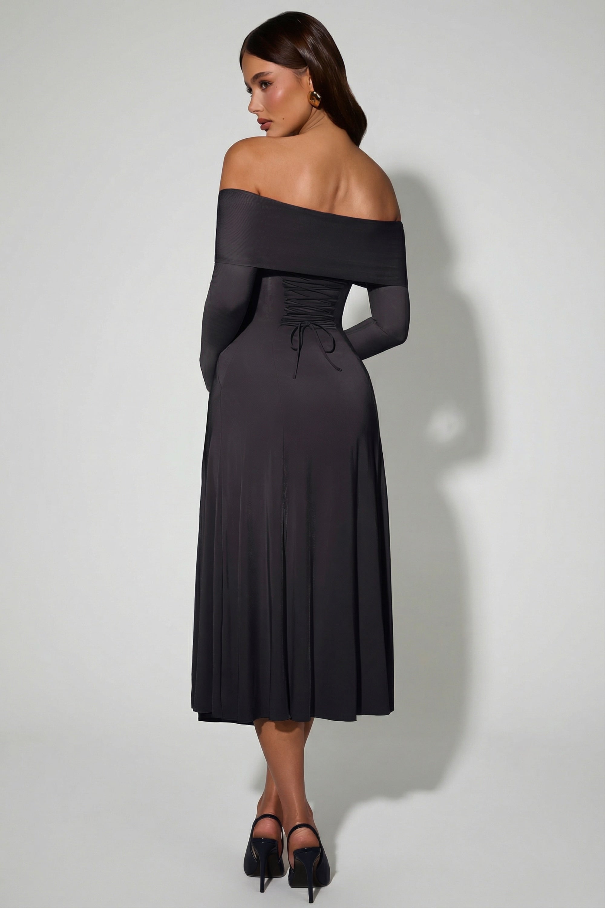 Nerissa Off-Shoulder Lace-Up A-Line Midaxi Dress in Black | Oh Polly
