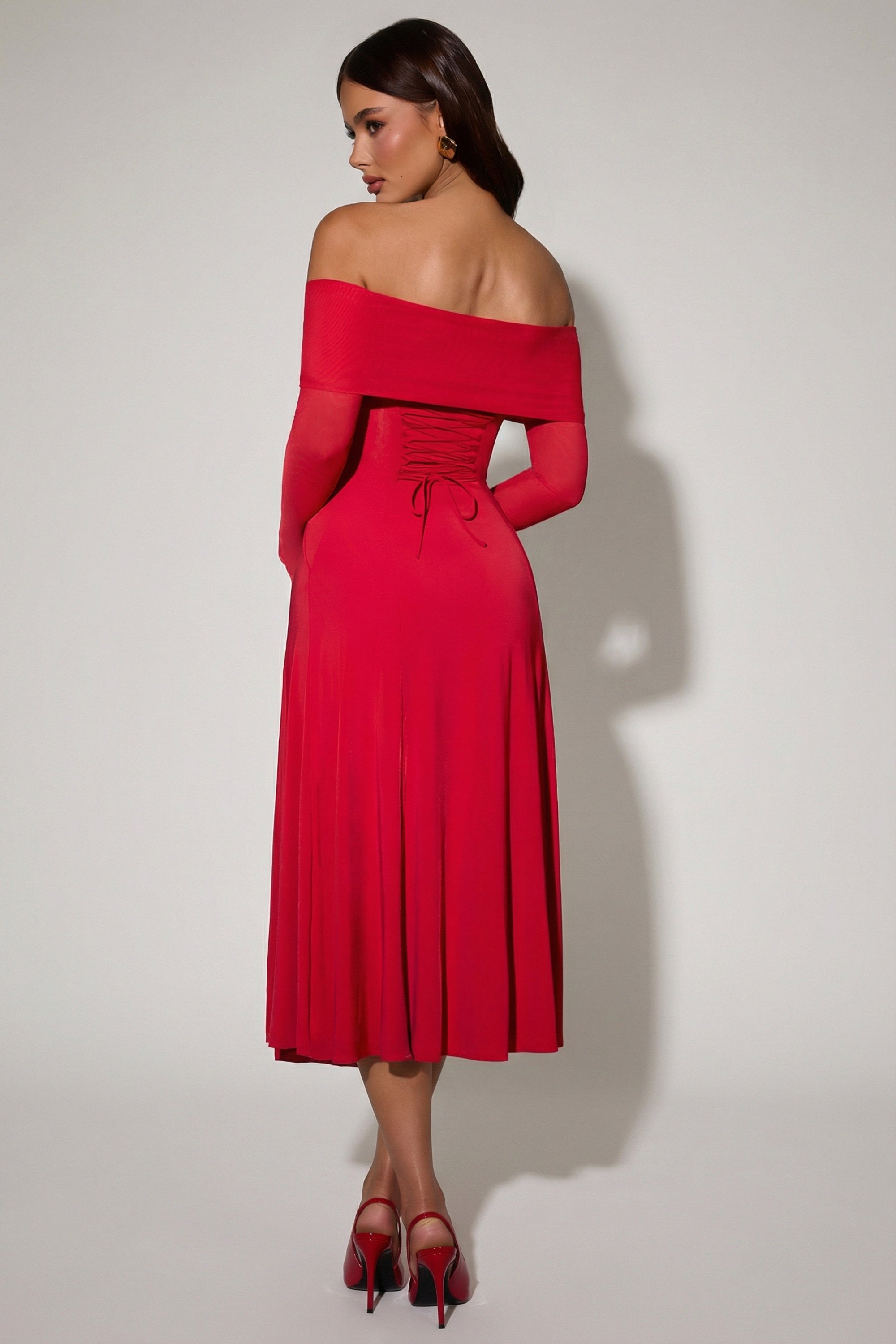 red off the shoulder midi dress Nerissa Off-Shoulder Lace-Up A-Line Midaxi Dress in Red