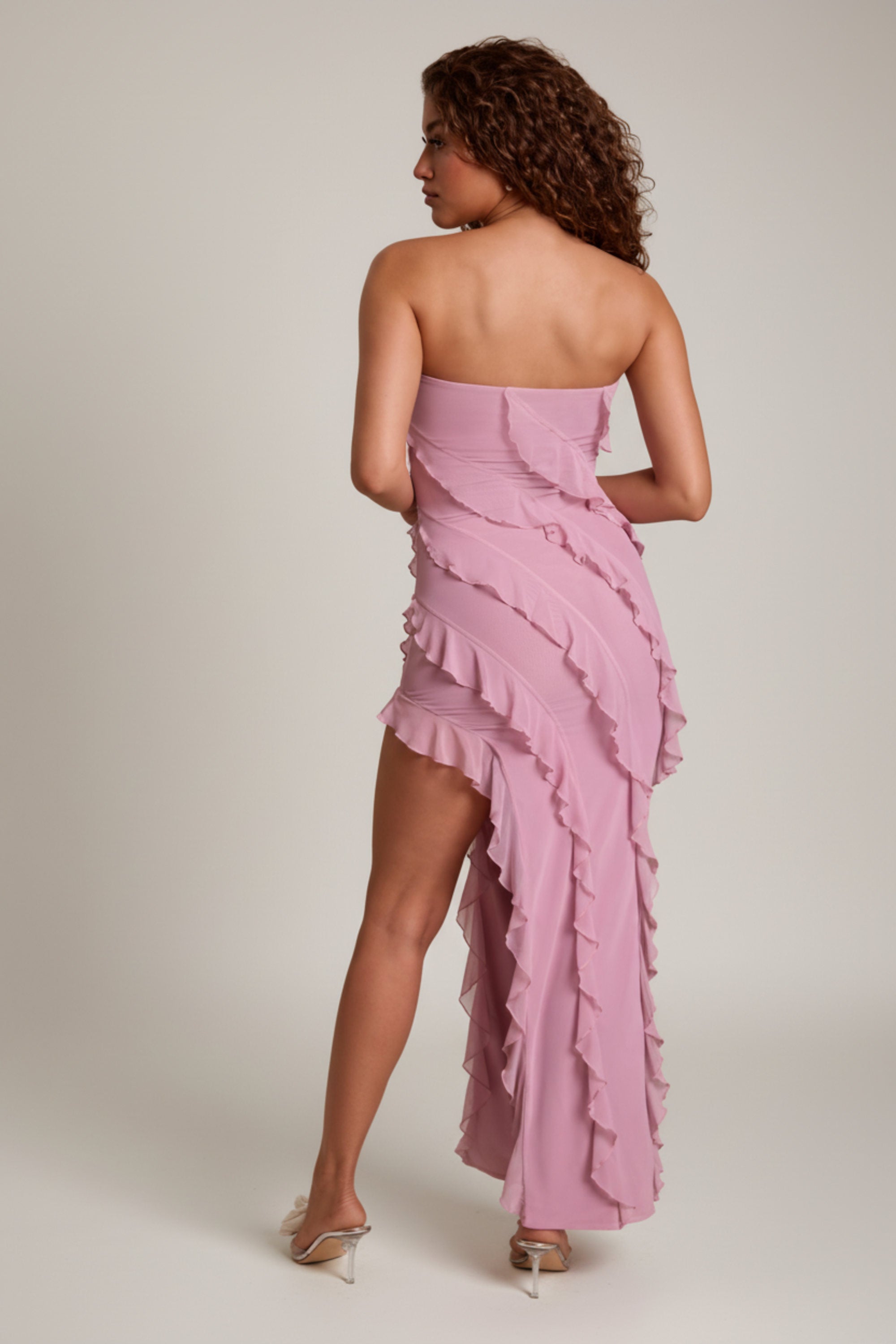 princess polly baby blue dress Nevali Bandeau Ruffle Detail Maxi Dress in Dusty Pink