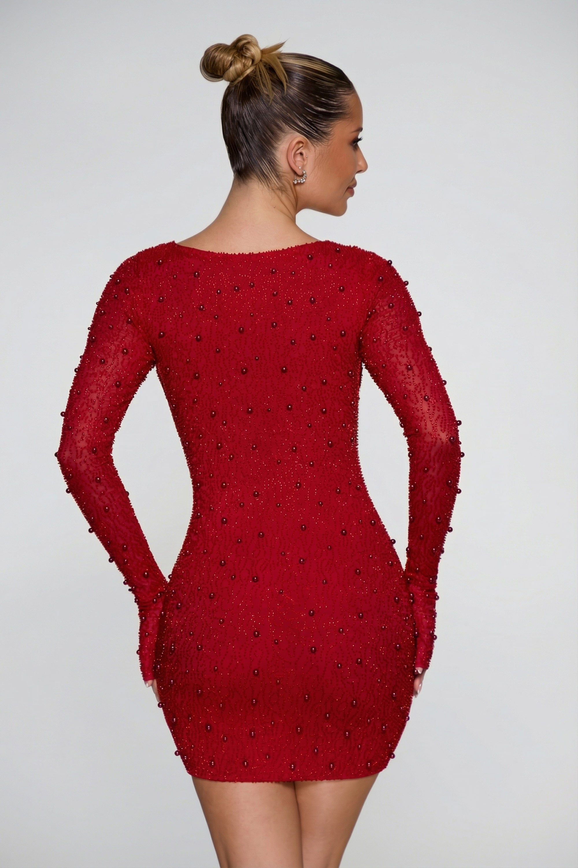 Nice Embellished Long Sleeve Plunge Mini Dress in Red