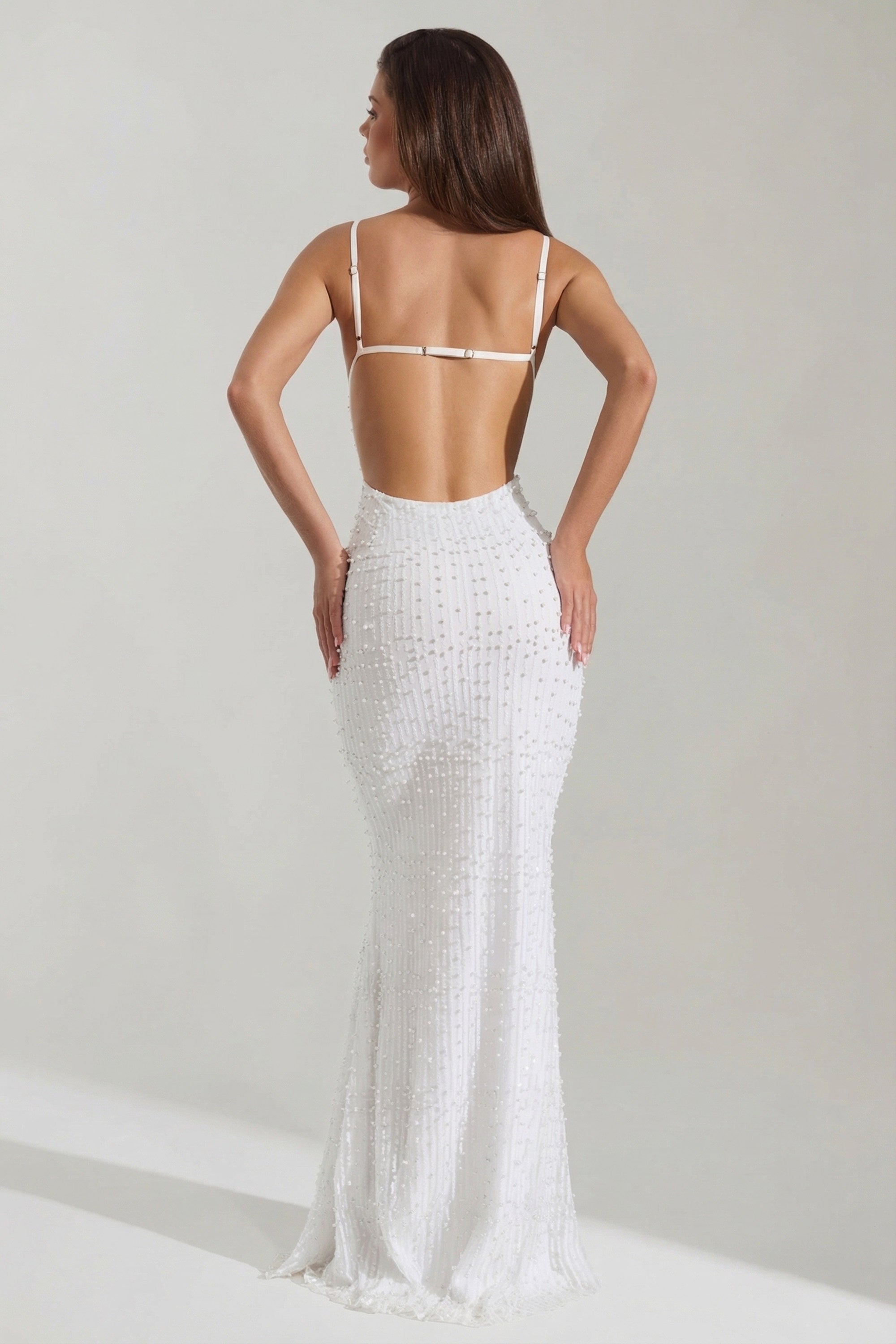 Nivalis Embellished Cowl-Neck Backless Maxi Dress in White | Oh Polly Nivalis Embellished Cowl-Neck Backless Maxi Dress in White | Oh Polly