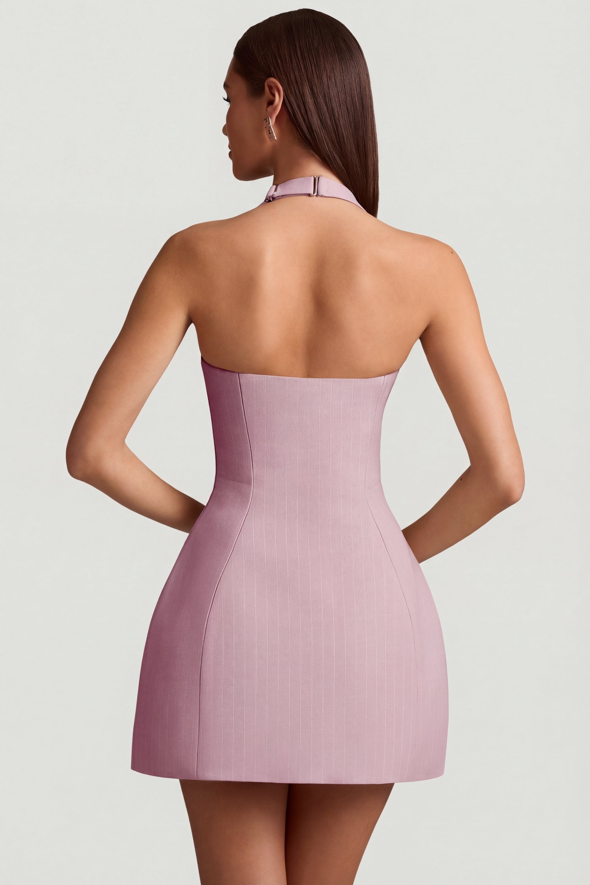 strapless open back dress Odessa Pinstripe Halterneck Structured A-Line Mini Dress in Mauve