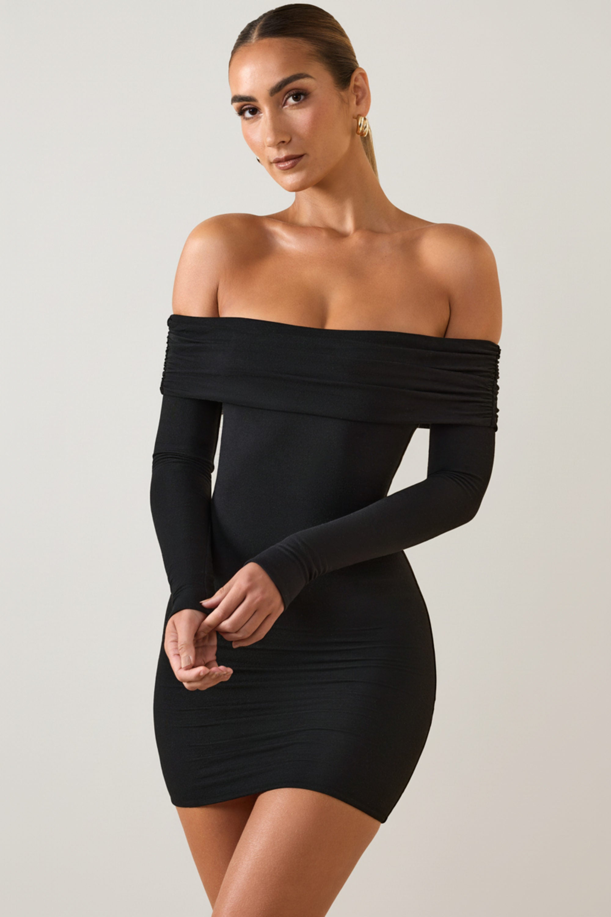 mini black dress off the shoulder Running Out Of Time Off Shoulder Long Sleeve Mini Dress Black