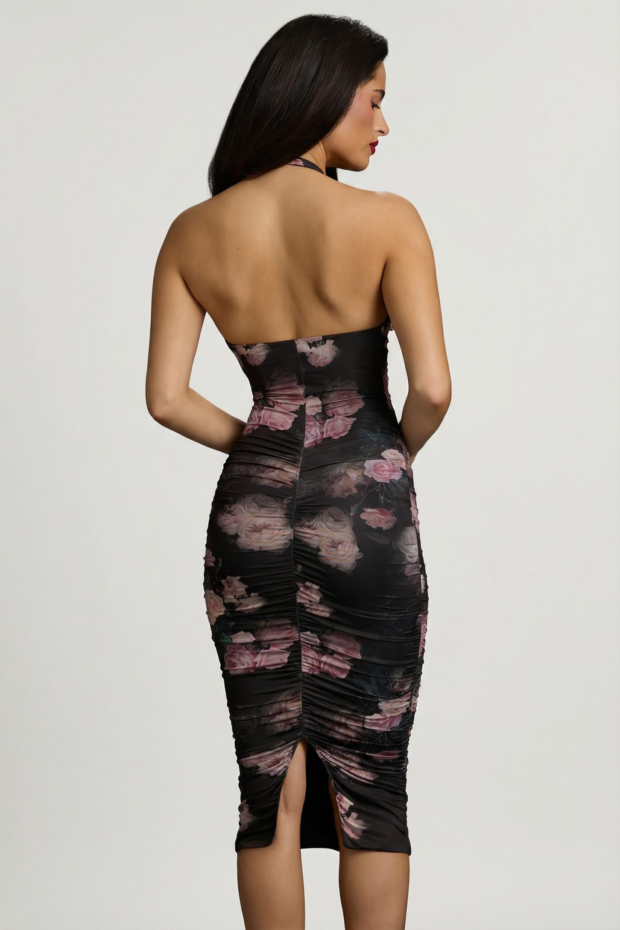 Ornella Ruched Plunge Halterneck Midi Dress in Black Floral Print | Oh Polly Ornella Ruched Plunge Halterneck Midi Dress in Black Floral Print | Oh Polly