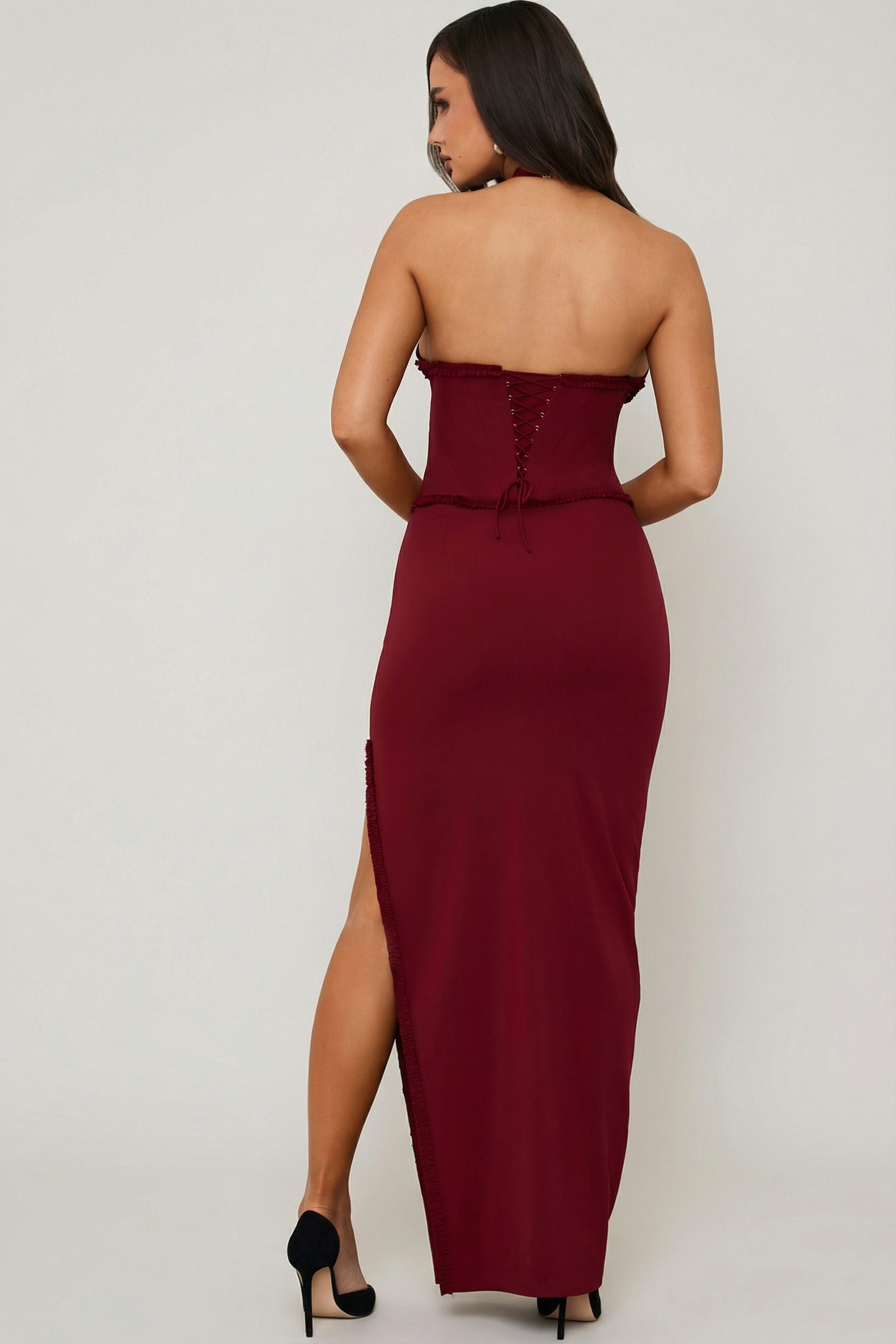 Penelope Halterneck Lace-Up Corset Maxi Dress in Berry Red | Oh Polly Penelope Halterneck Lace-Up Corset Maxi Dress in Berry Red | Oh Polly