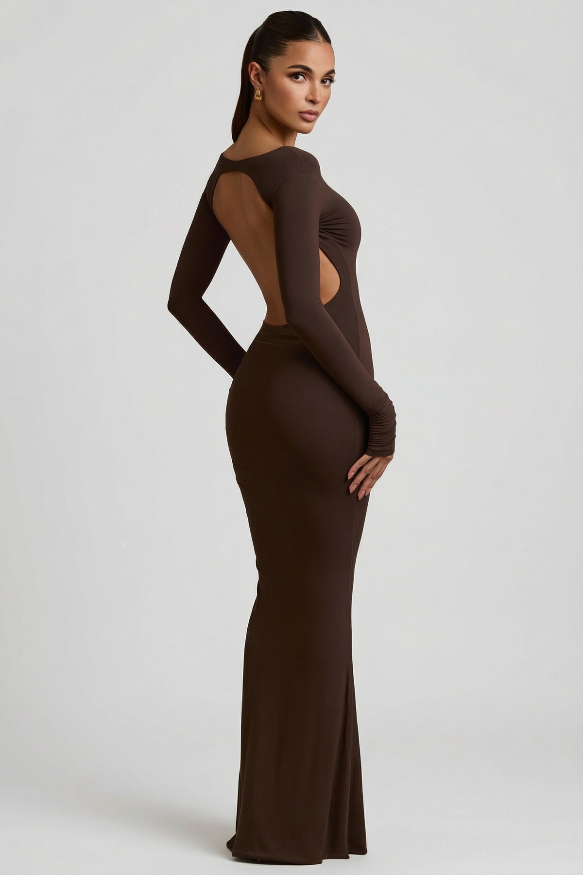 brown stretchy dress Modal Ruched Backless Maxi in Chocolate Style:mini White Alabaster Tea Length SIZE:6 months chocolate mocha coffee tone