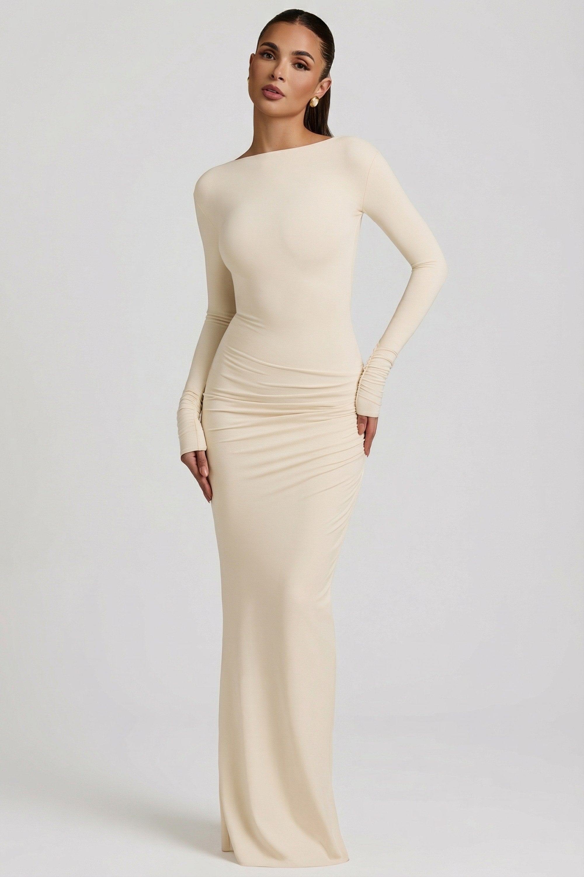 Regine Modal Ruched Backless Maxi Dress in Ivory