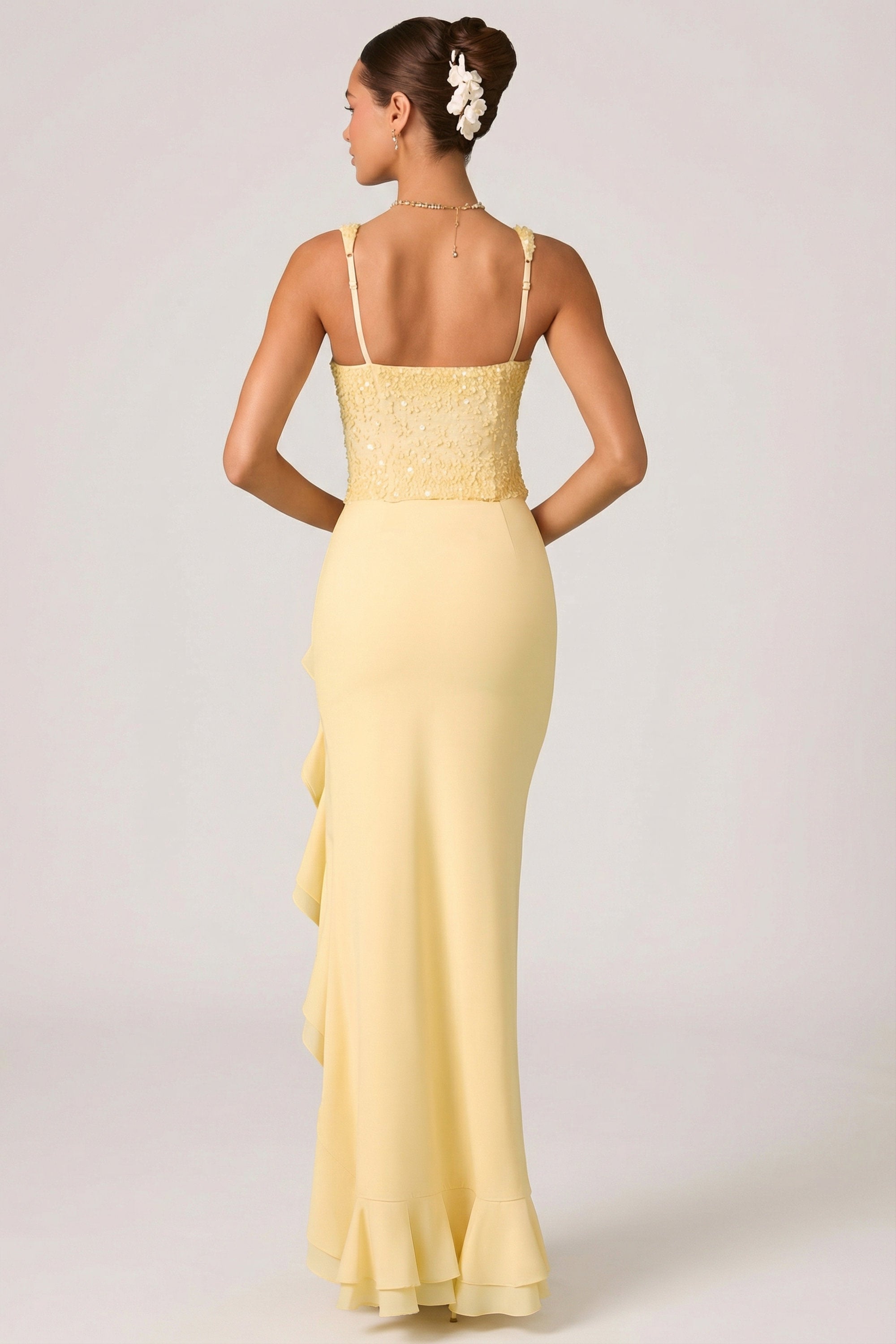 strapless open back dress Robina Embellished Ruffle-Trim Corset Gown in Yellow