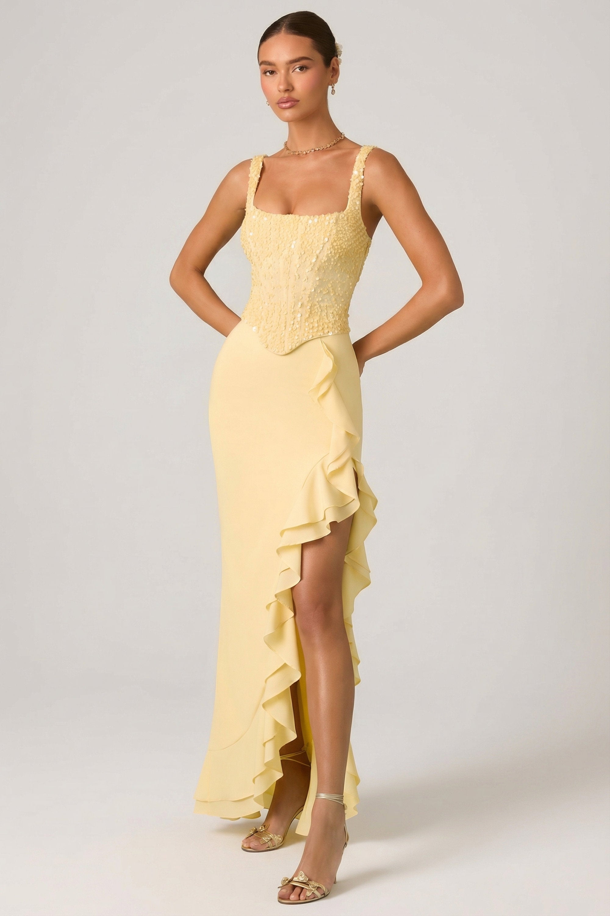 Robina Embellished Ruffle-Trim Corset Gown in Yellow | Oh Polly Robina Embellished Ruffle-Trim Corset Gown in Yellow | Oh Polly