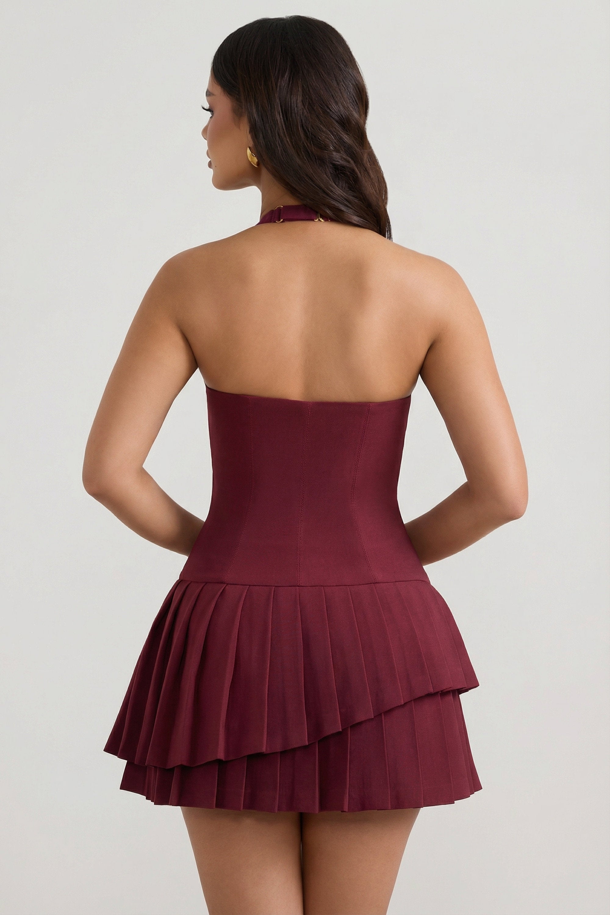 strapless open back dress Rosaria Asymmetrisch geschichtter Halterck -Kleid in Wein rot