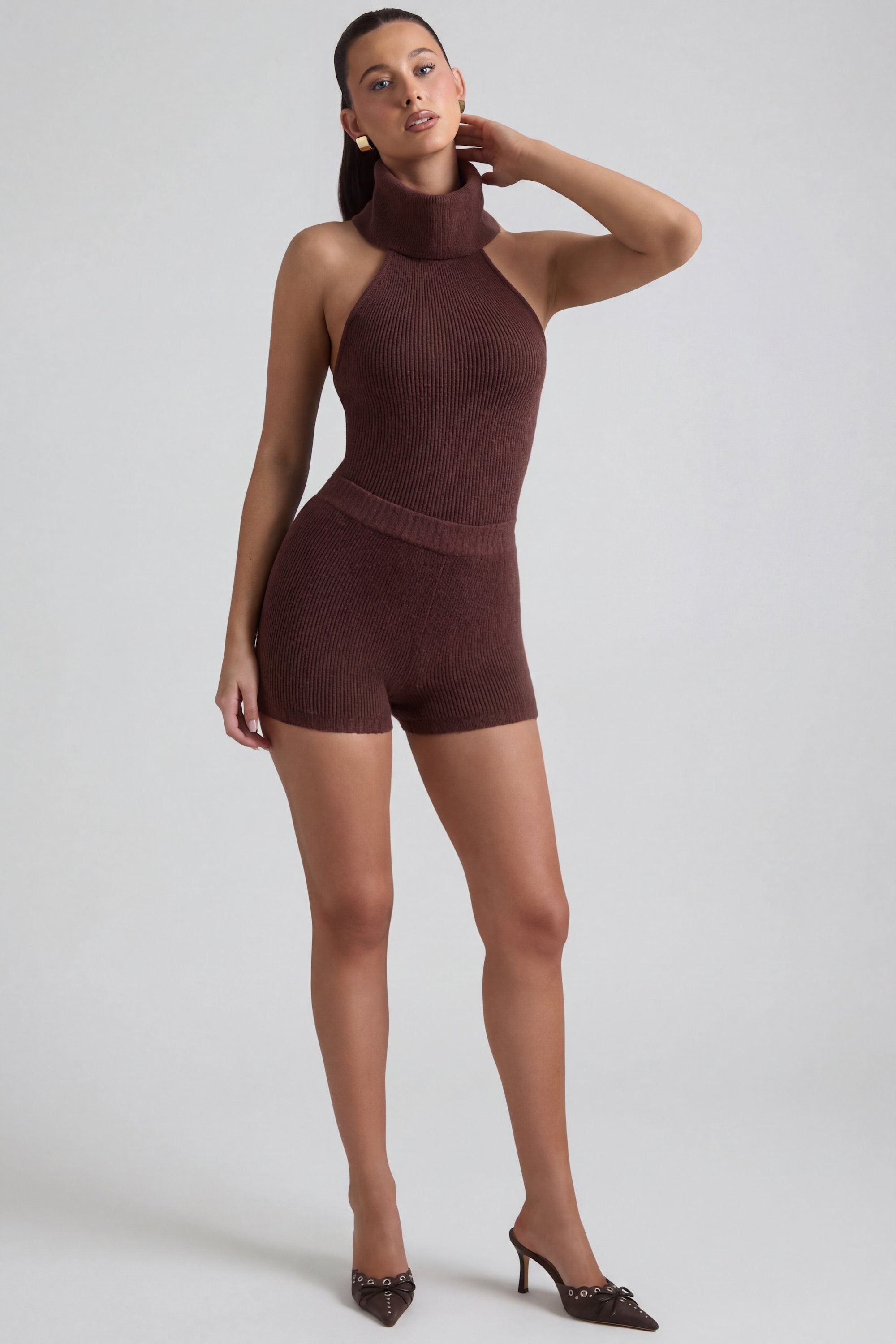 Sakari Ribbed-Knit Turtleneck Backless Top in Espresso | Oh Polly