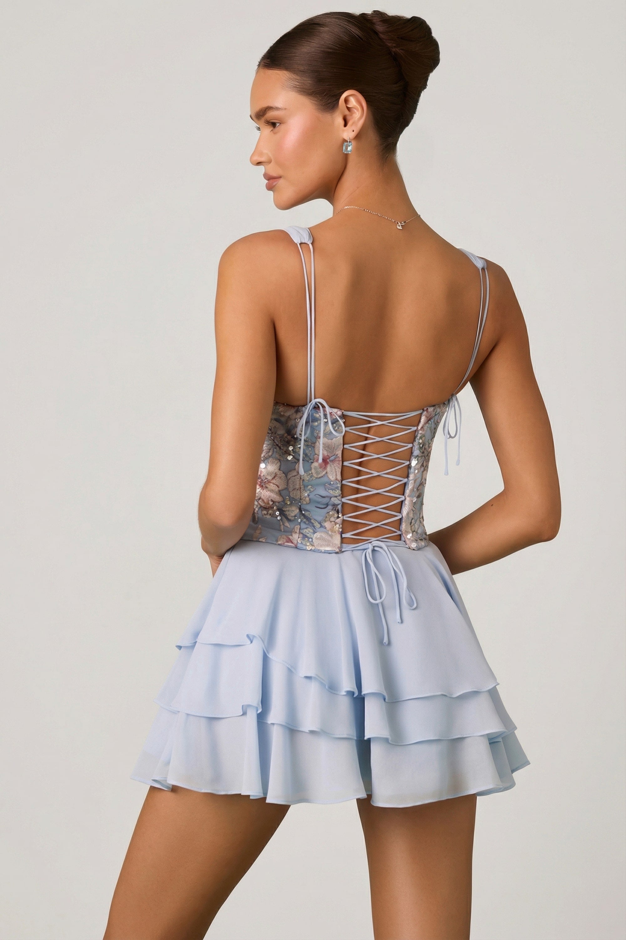 Sakura Corset Mini Dress with Tiered Skirt in Floral Blue