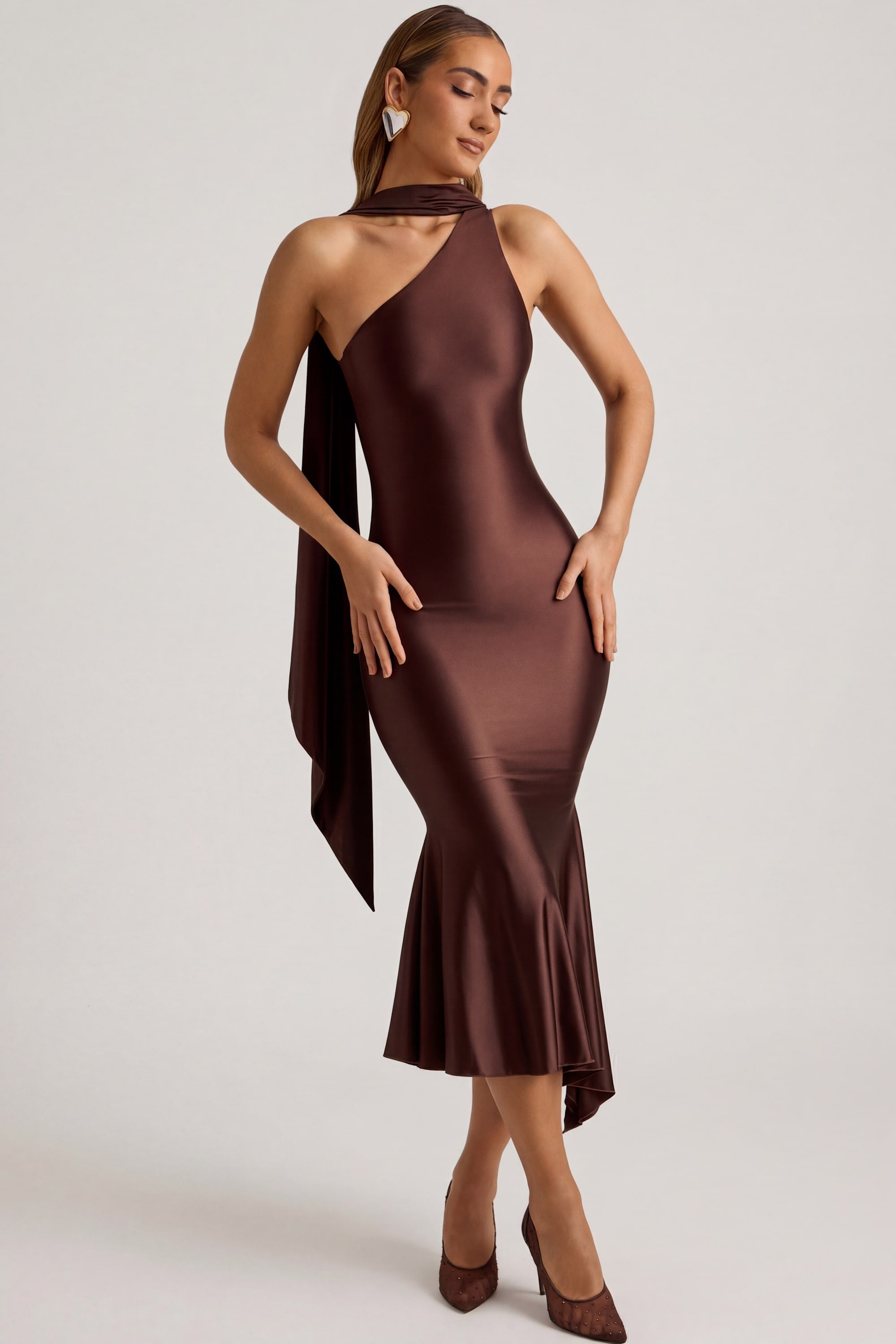 Shaya Asymmetric Scarf-Detail Midaxi Dress in Chocolate Brown – Oh Polly UK