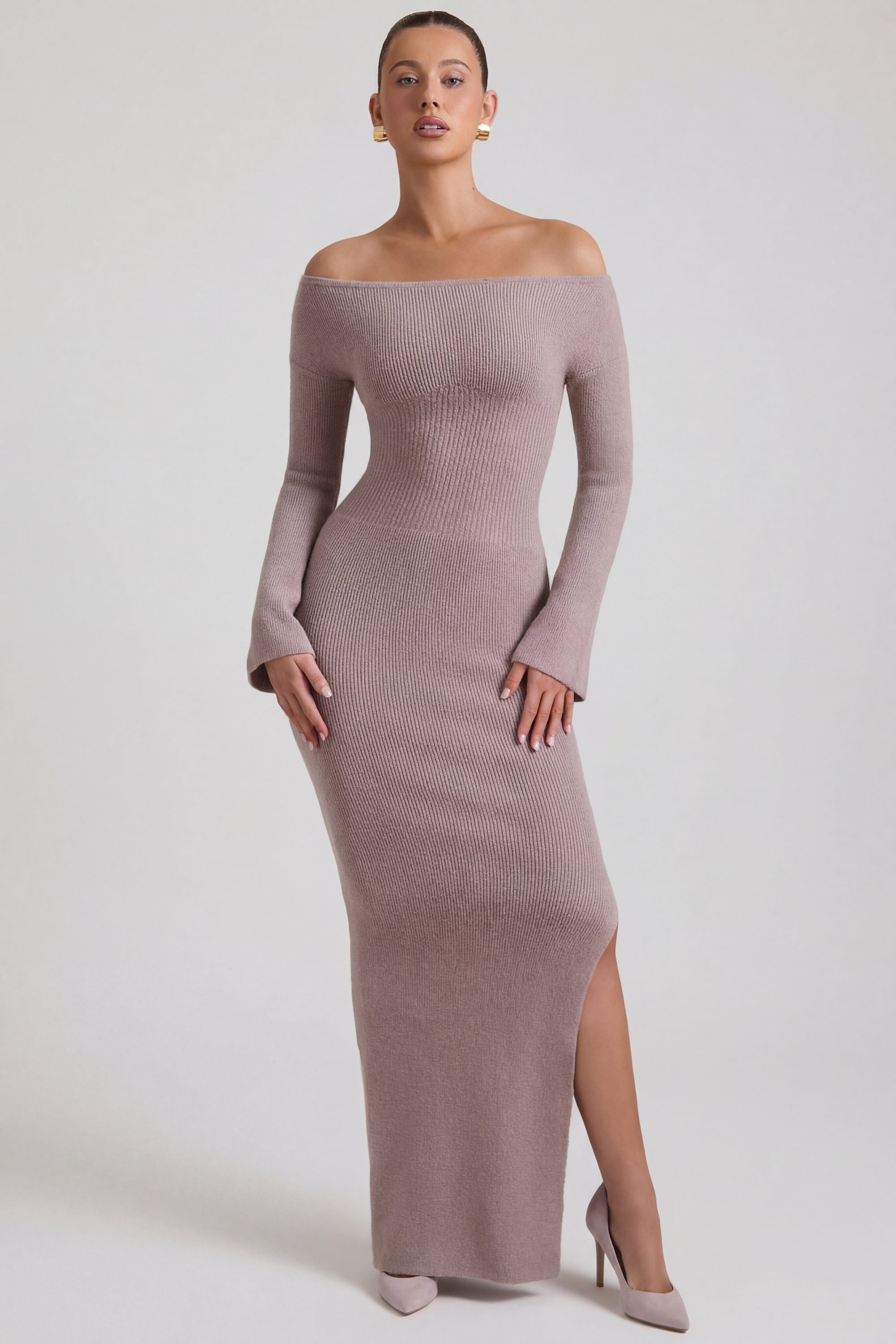 strapless open back dress Terneigh Ribbed-Knit Off-Shoulder Maxi Dress in Taupe