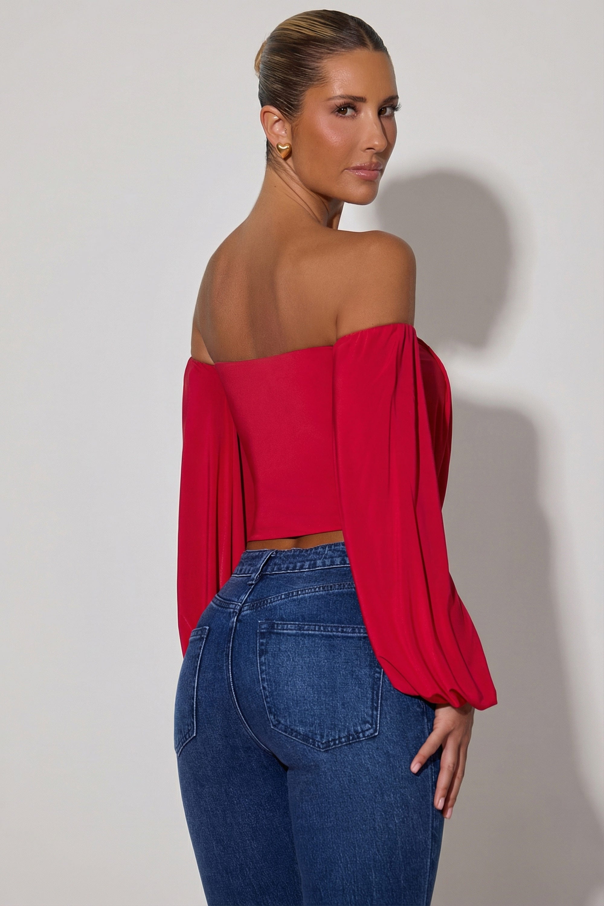 Juliana Off-Shoulder Draped Balloon-Sleeve Top in Red | Oh Polly