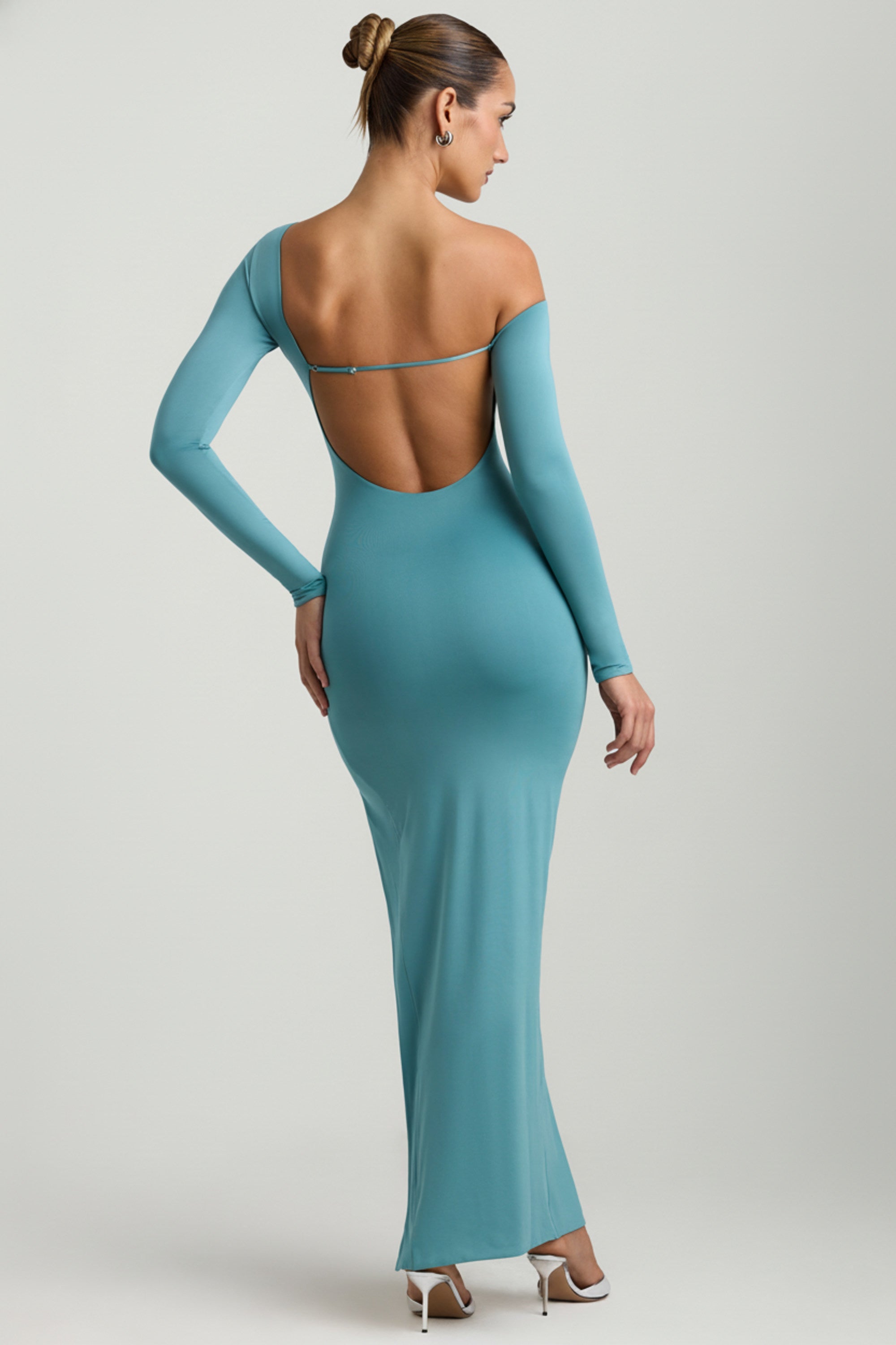 Valeda Slinky Jersey Asymmetric Ruched Hardware Detail Maxi Dress in Sea Green | Oh Polly Valeda Slinky Jersey Asymmetric Ruched Hardware Detail Maxi Dress in Sea Green | Oh Polly