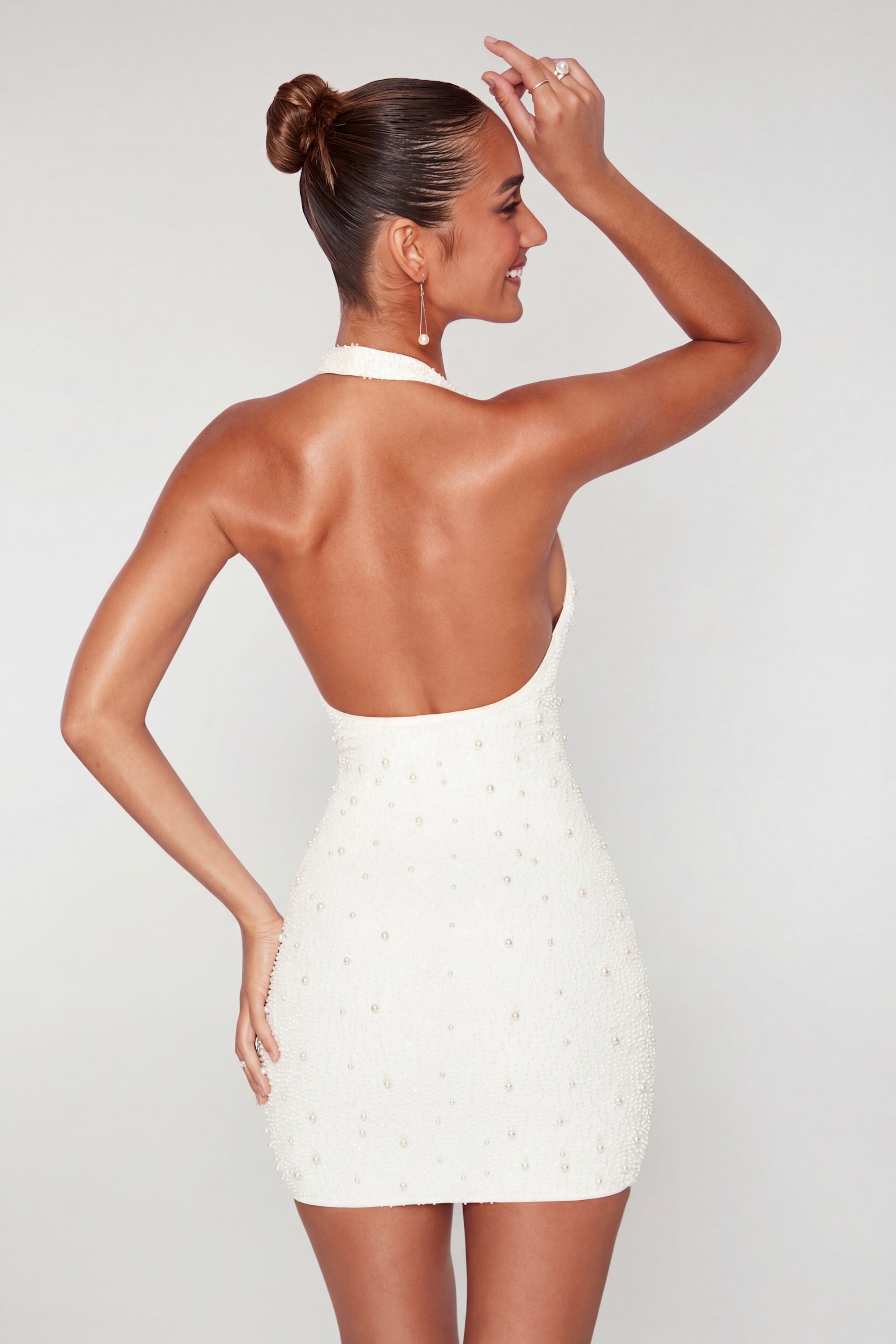 Versailles Deep Plunge Embellished Mini Dress in White