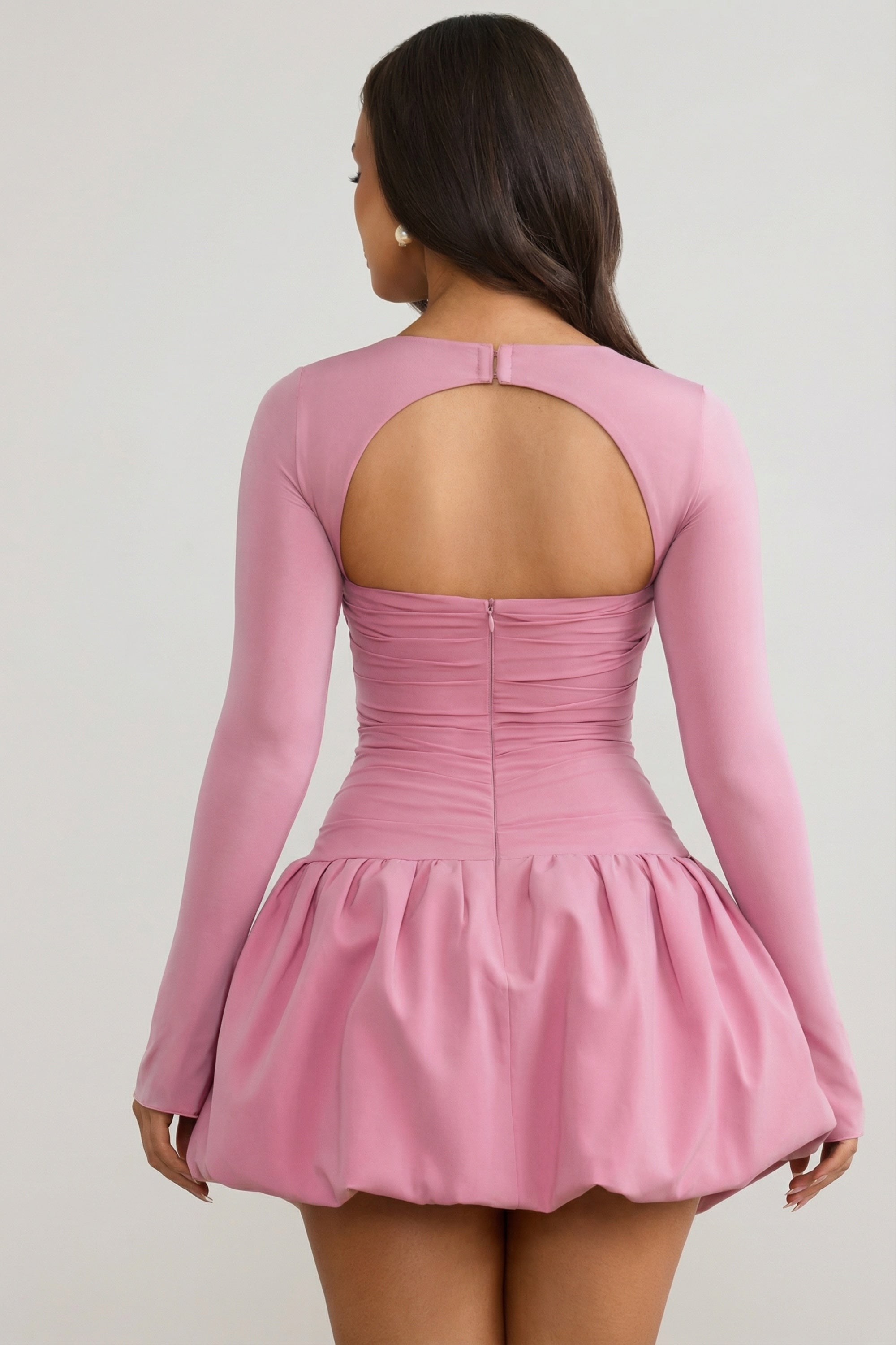 Viola Long-Sleeve Bubble Hem Mini Dress in Mauve | Oh Polly