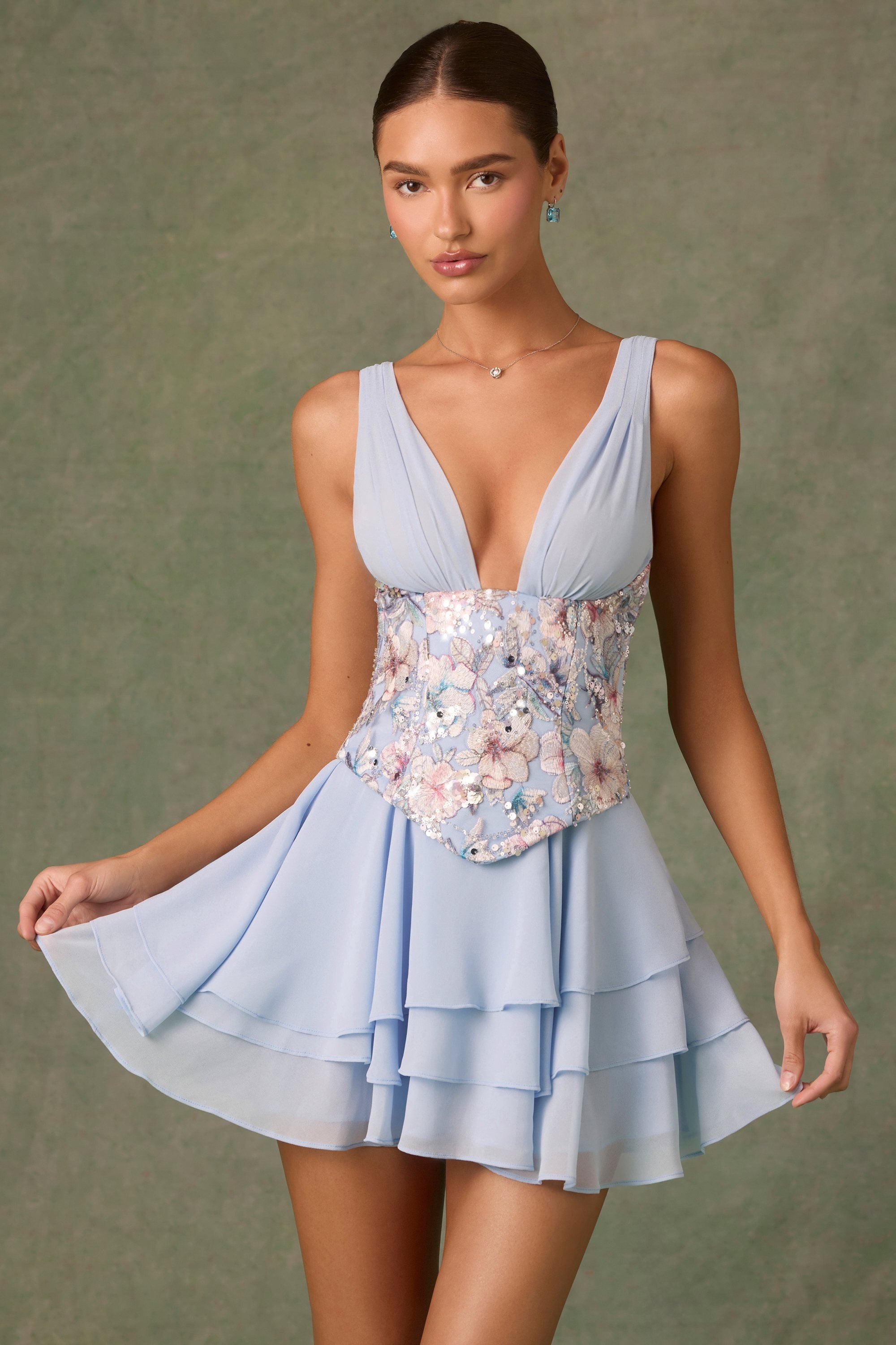 Dark Brown Tiered Skirt Floral Print Corset Dress